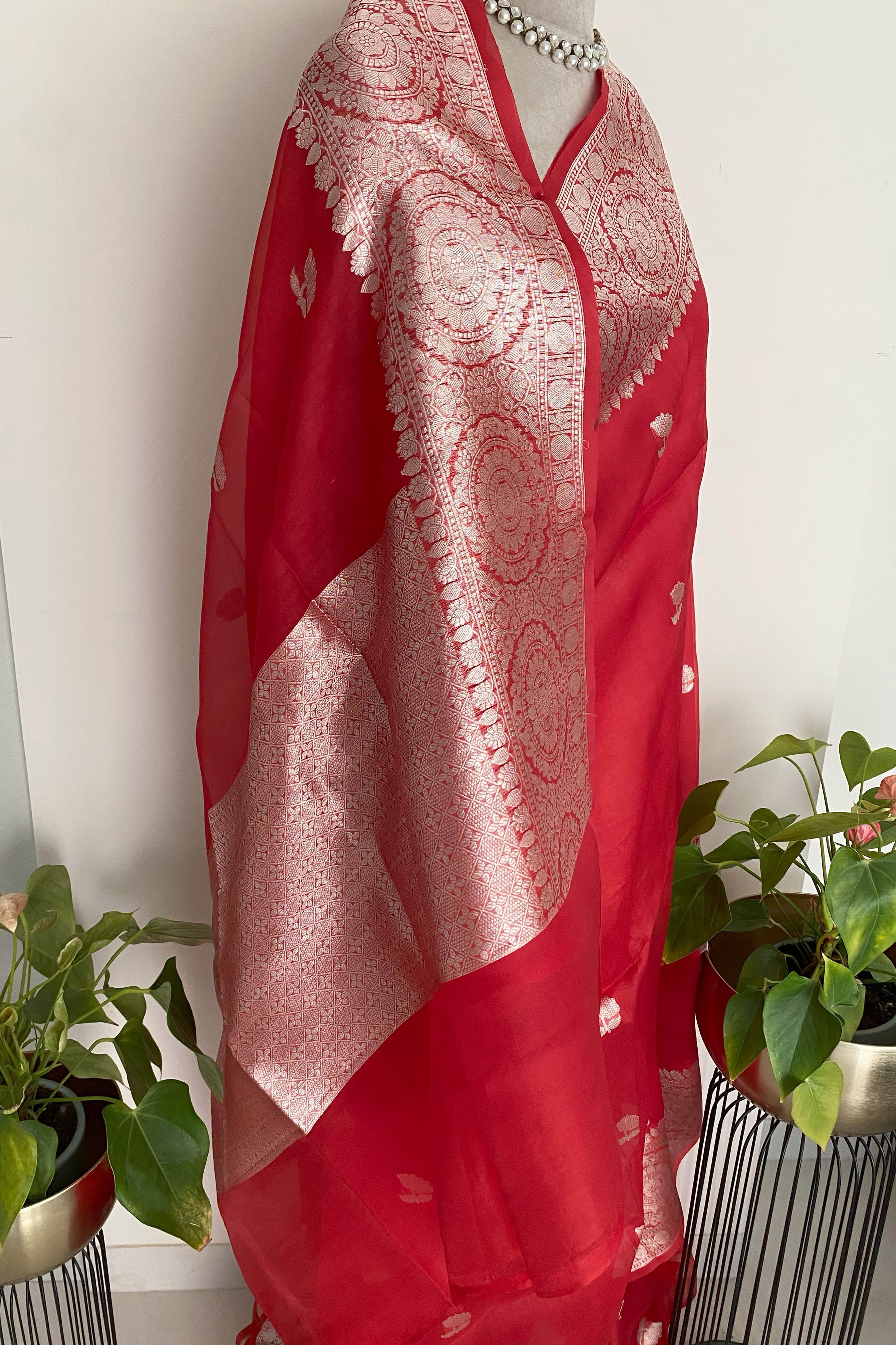 Red Pure Organza Banarasi Silk Saree - Indian Handloomz