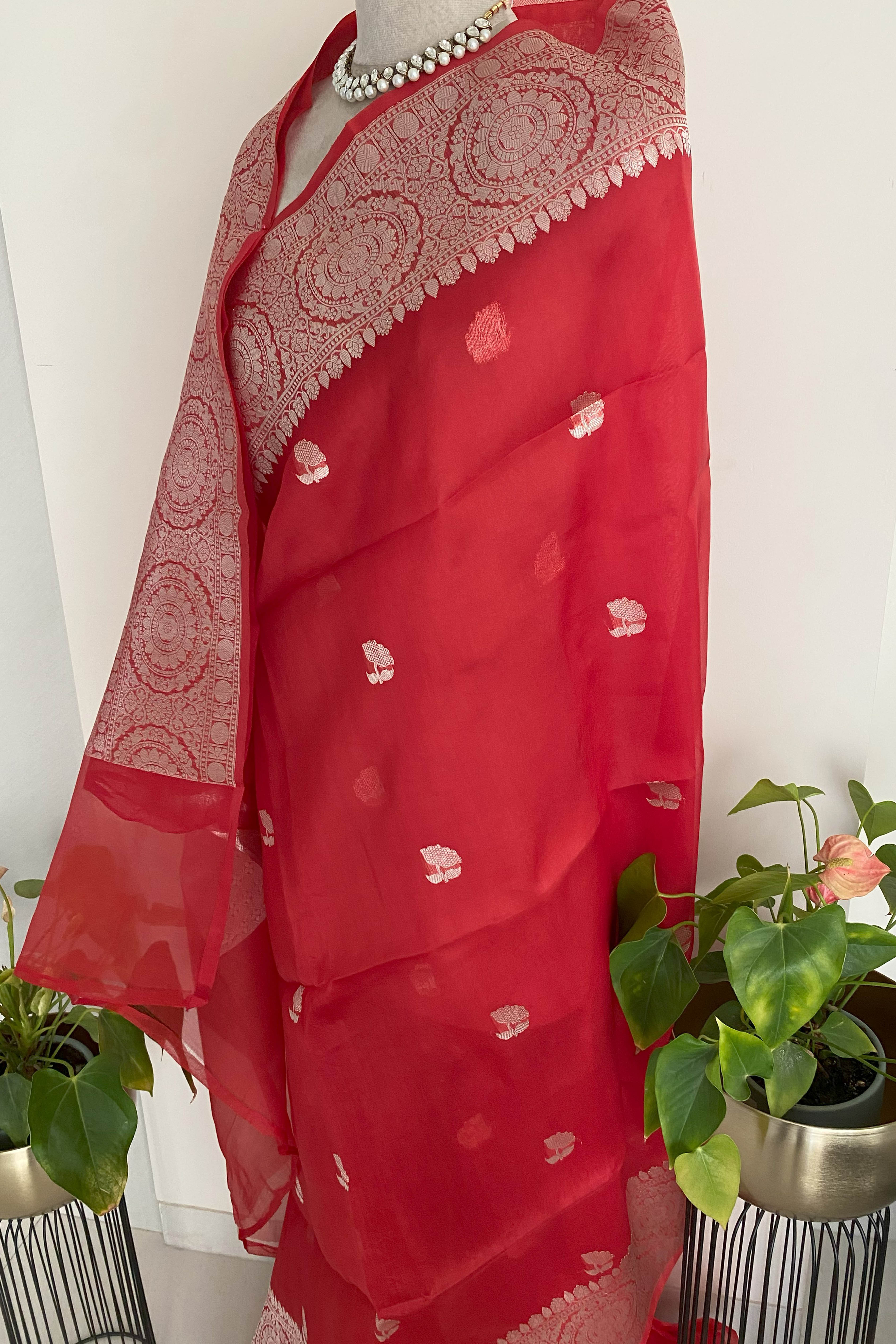 Red Pure Organza Banarasi Silk Saree - Indian Handloomz