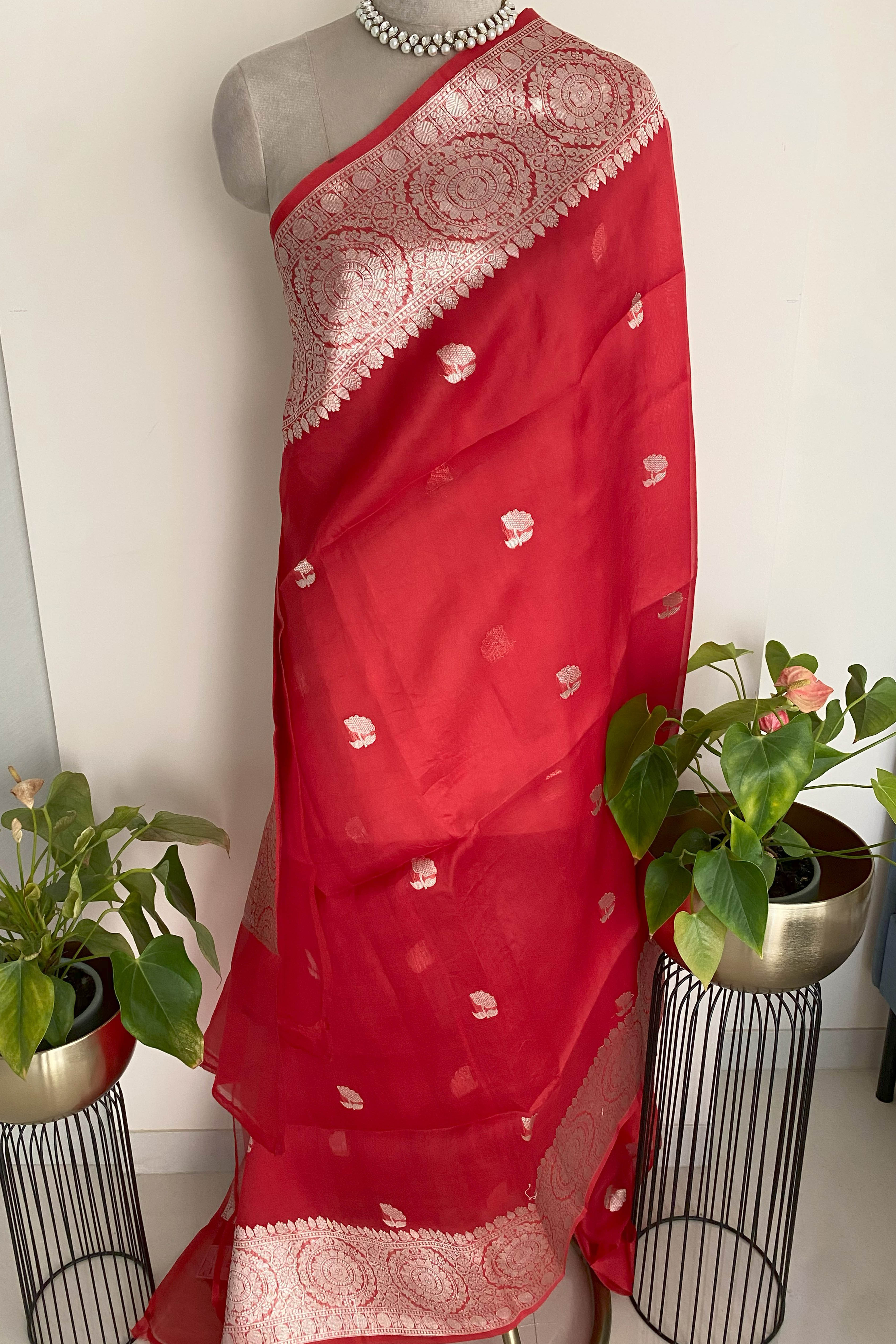 Red Pure Organza Banarasi Silk Saree - Indian Handloomz