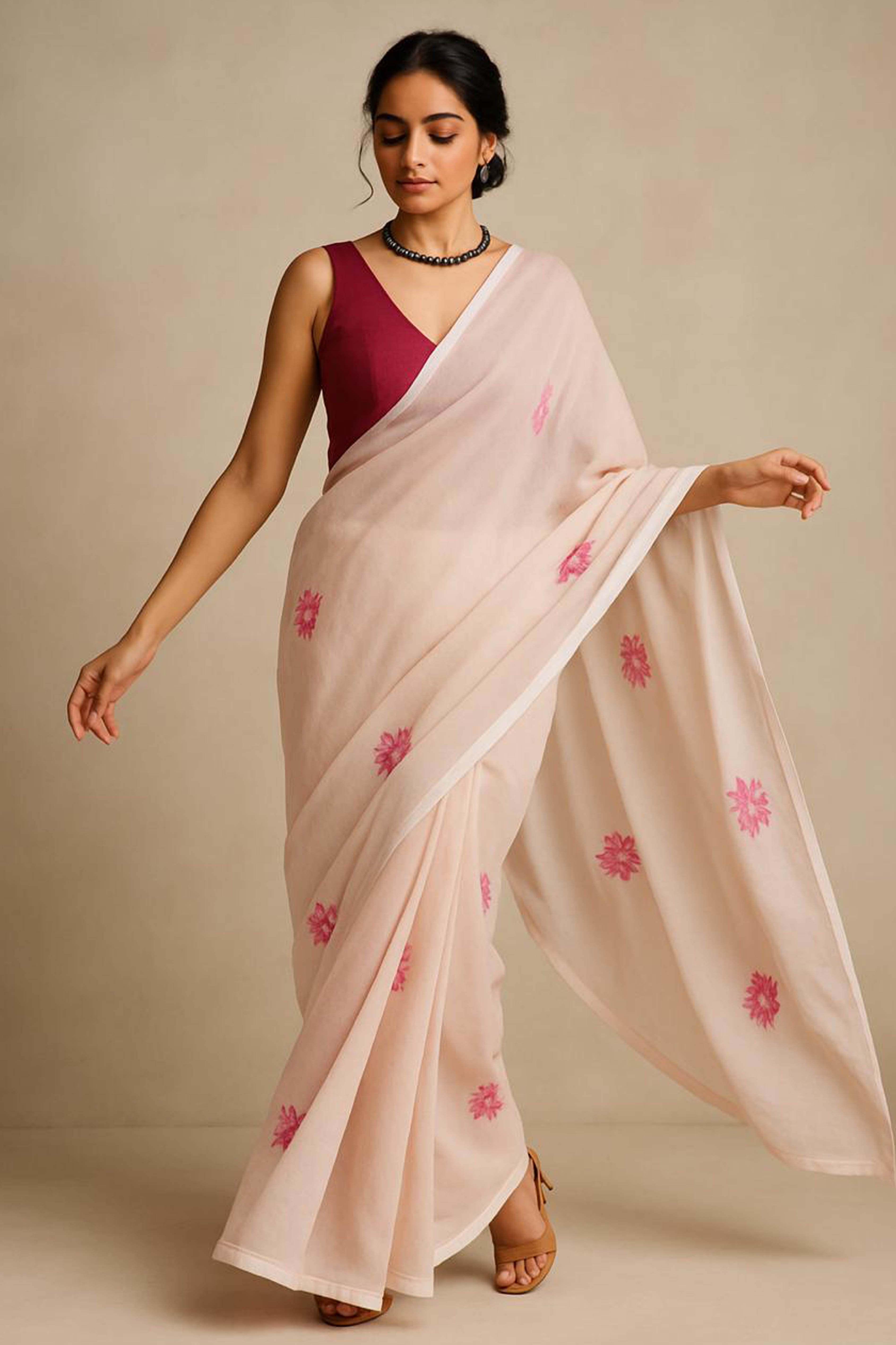 Reena Pure Mul Cotton Saree in Biscuit Beige with Dark Pink flowers & Tassels - Indian Handloomz