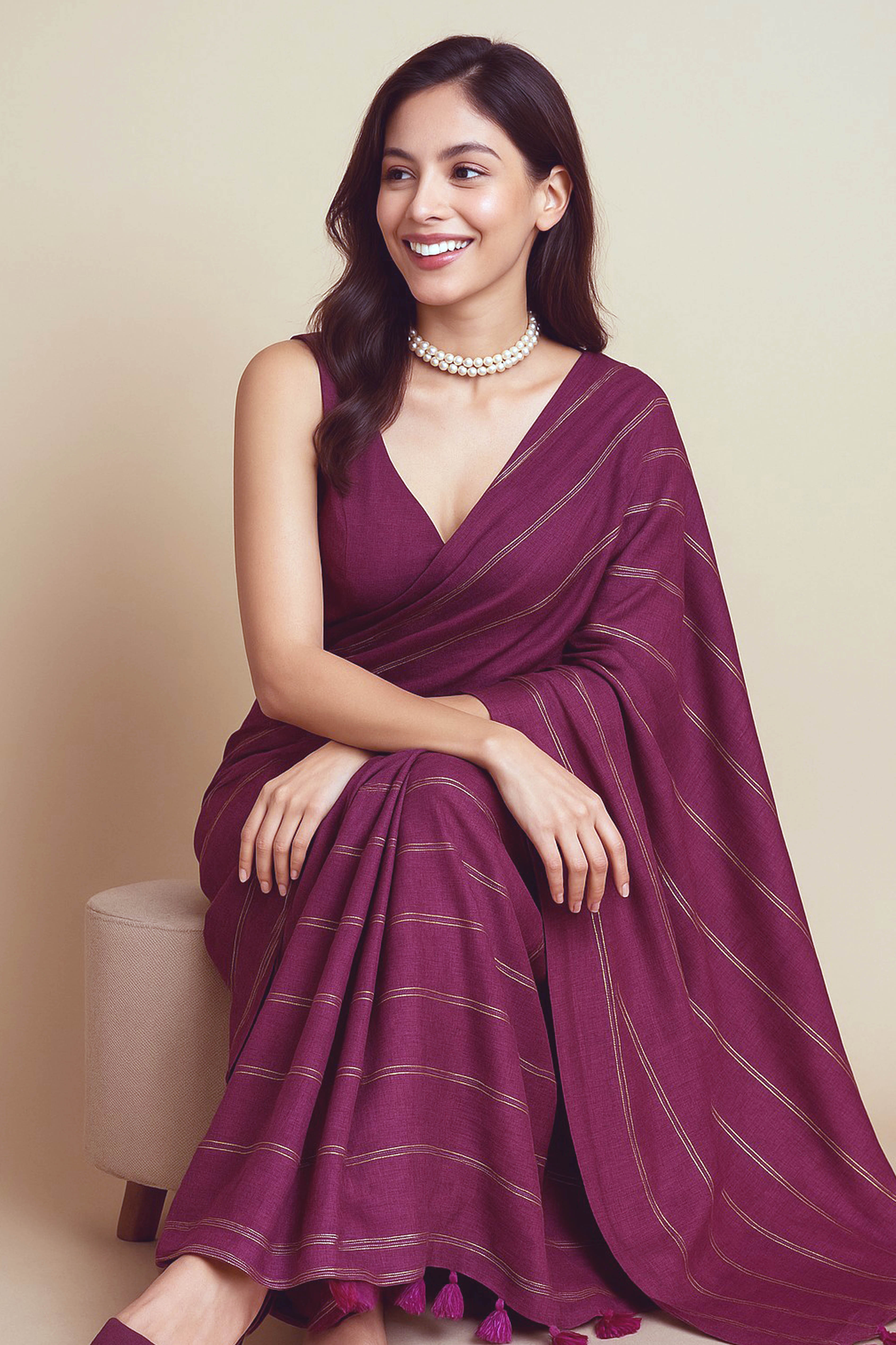 Rihana Pure Cotton Magenta Saree with Matt Gold Stripes - Indian Handloomz