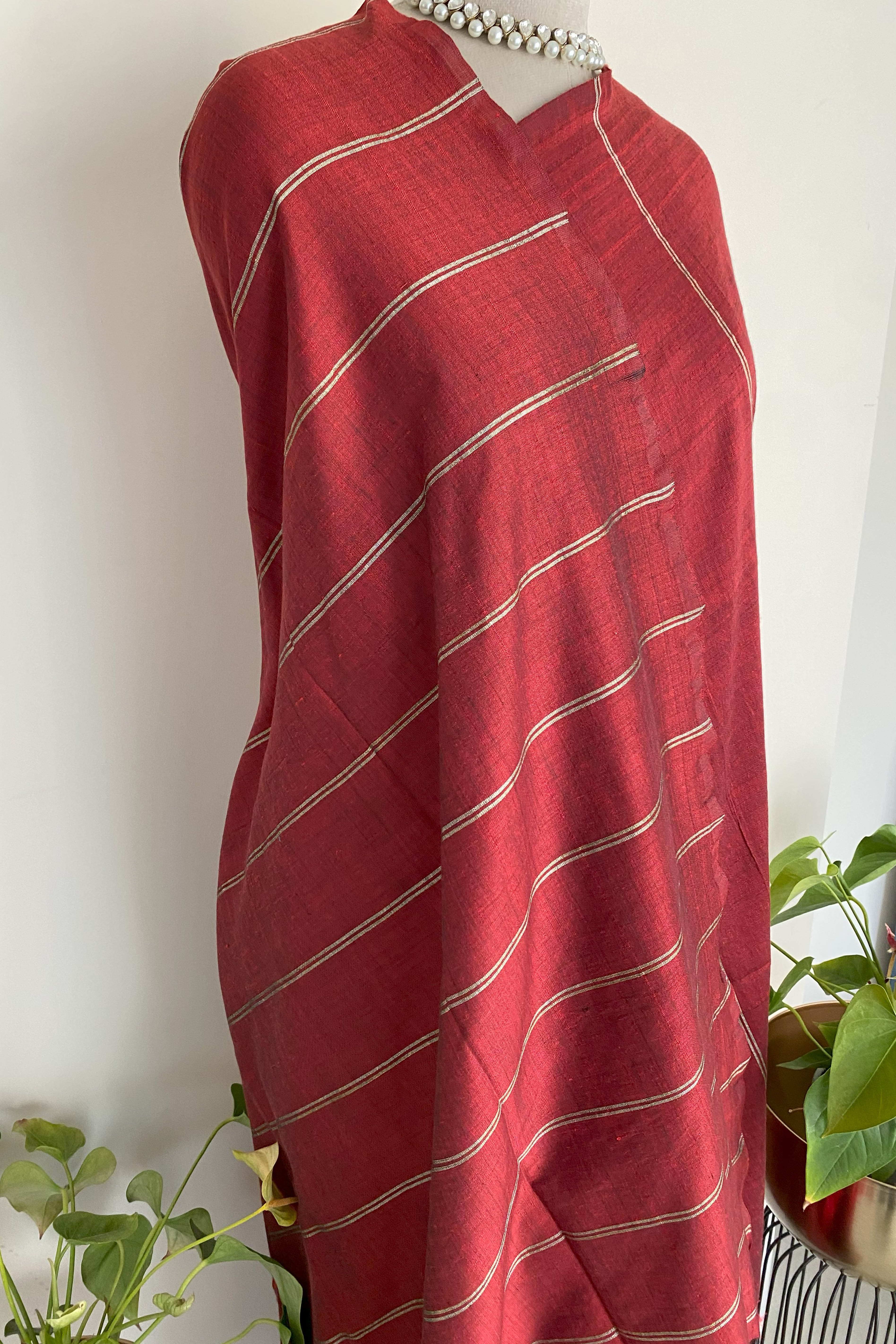 Rohini Pure Cotton Red Saree with Gold Stripes - Indian Handloomz