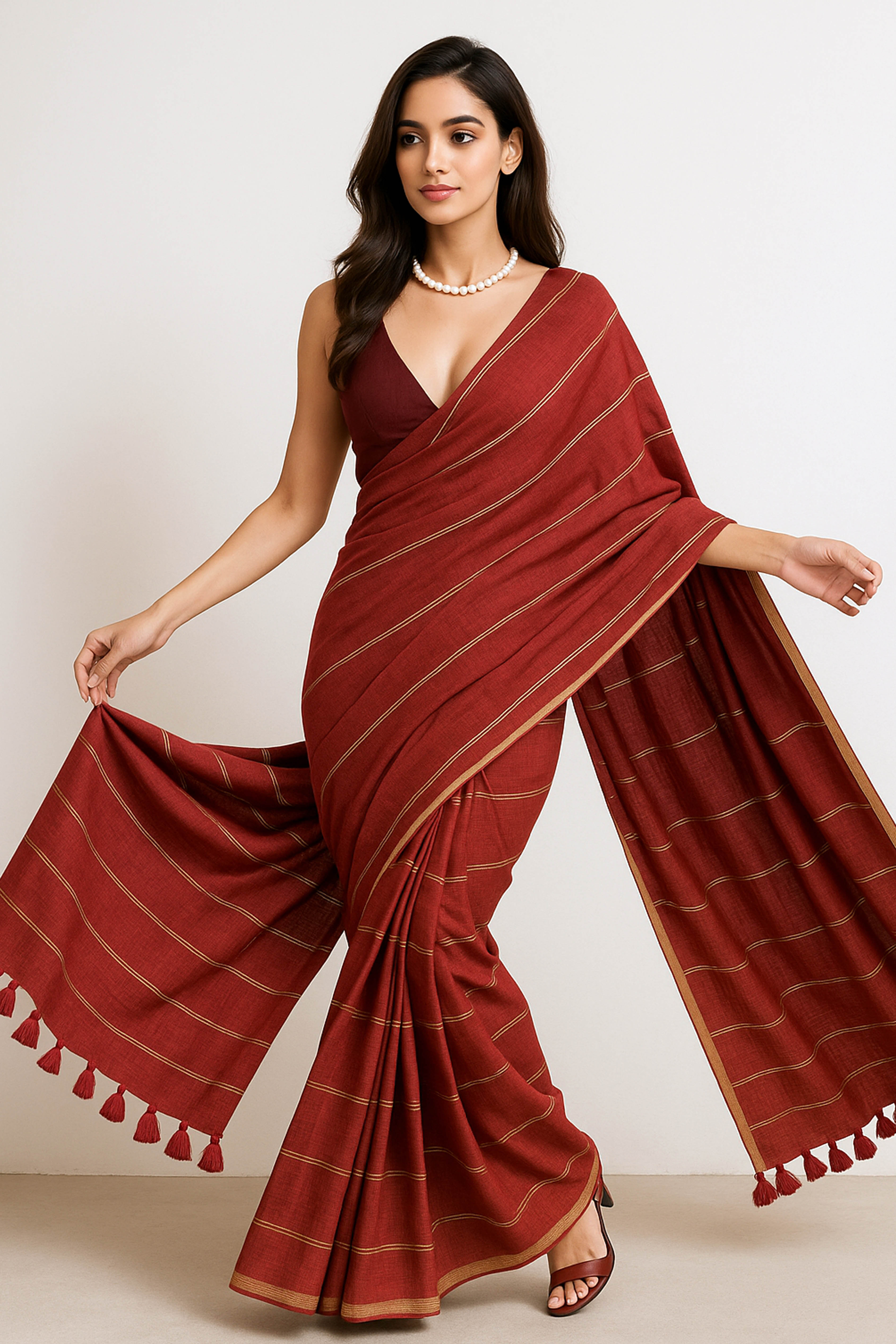 Rohini Pure Cotton Red Saree with Gold Stripes - Indian Handloomz