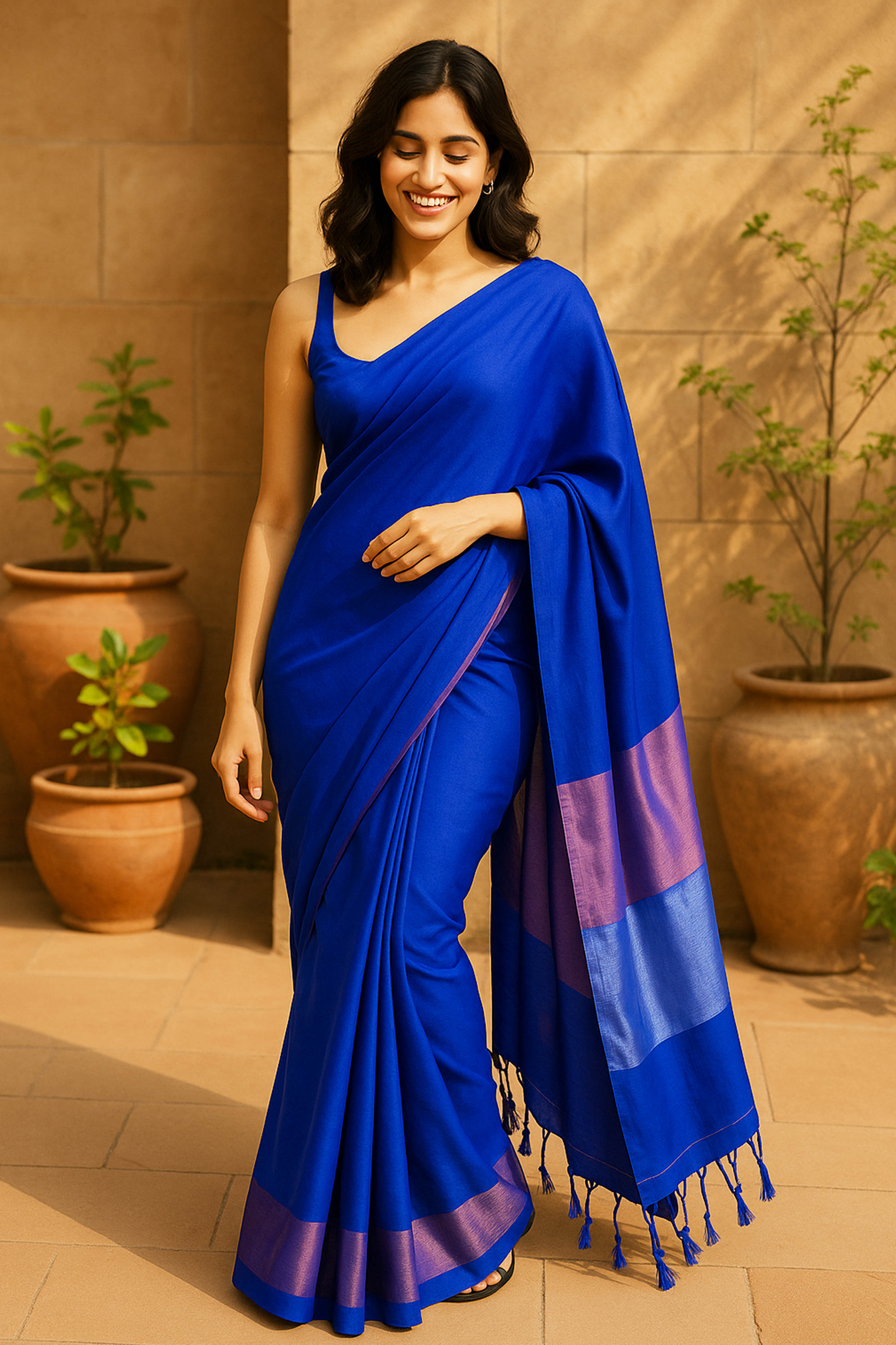 Royal Blue Cotton Saree with Zari Pallu - Indian Handloomz