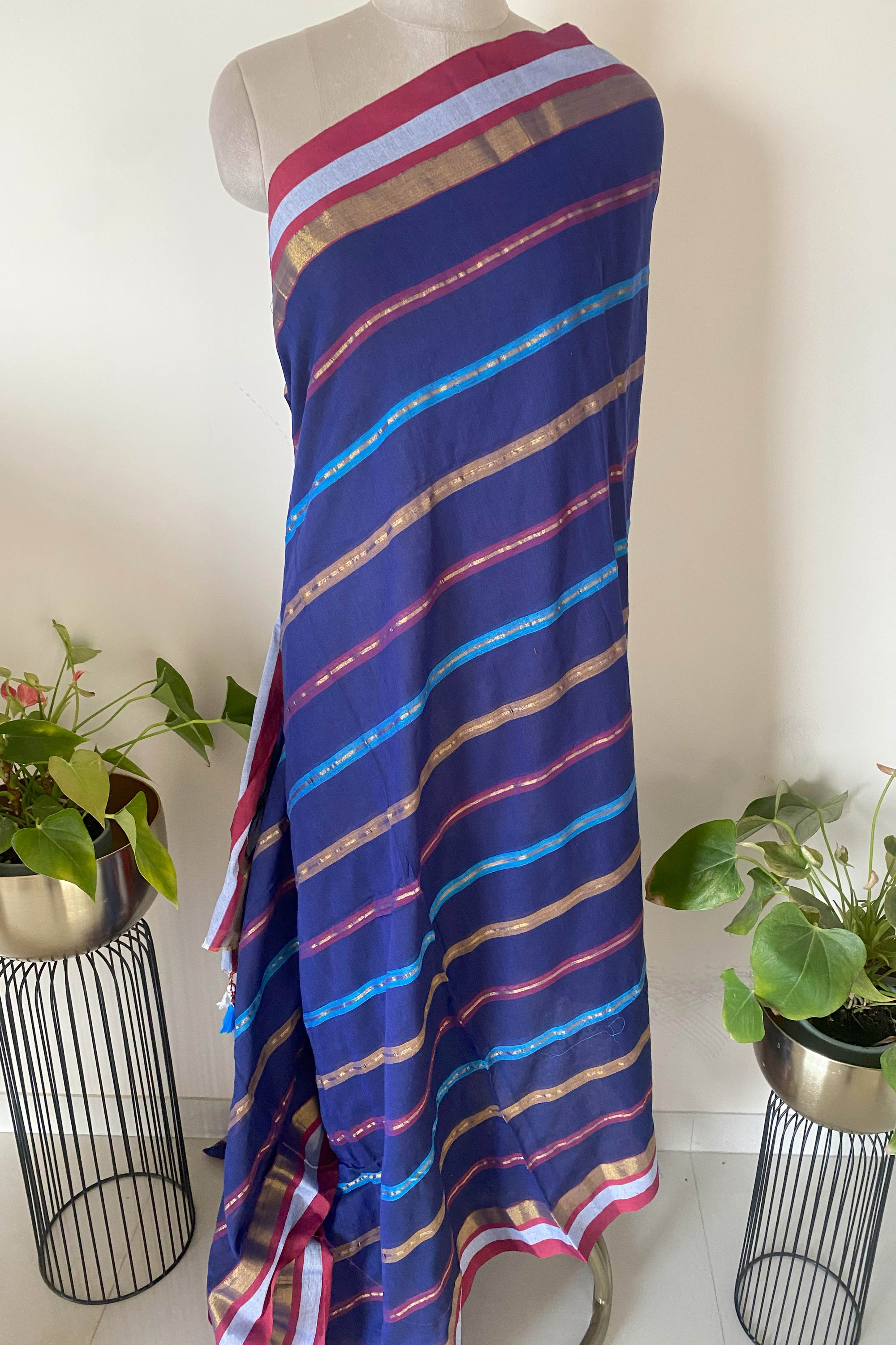 Royal Blue Jamdani Mul Cotton Zari Striped Saree - Indian Handloomz