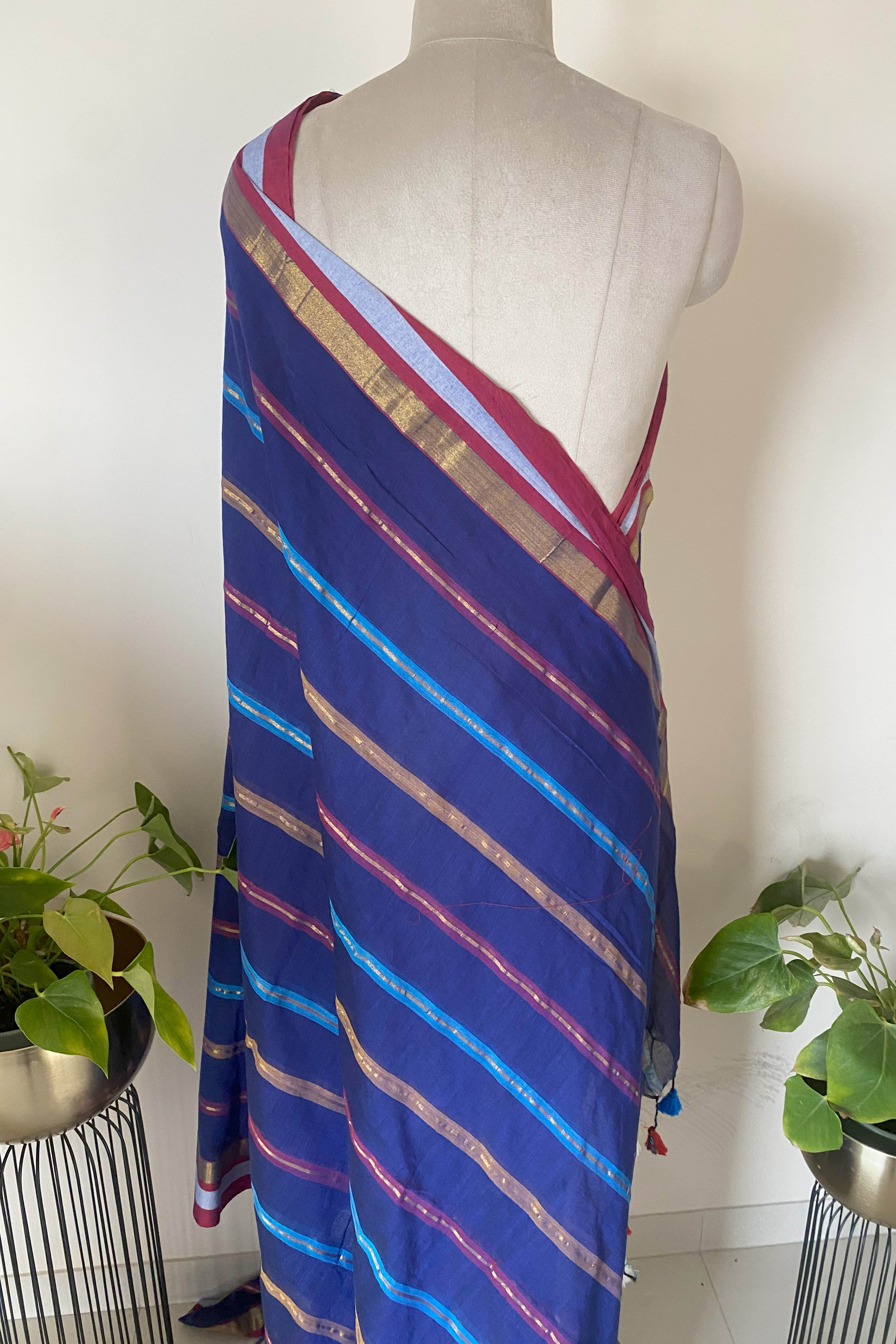 Royal Blue Jamdani Mul Cotton Zari Striped Saree - Indian Handloomz