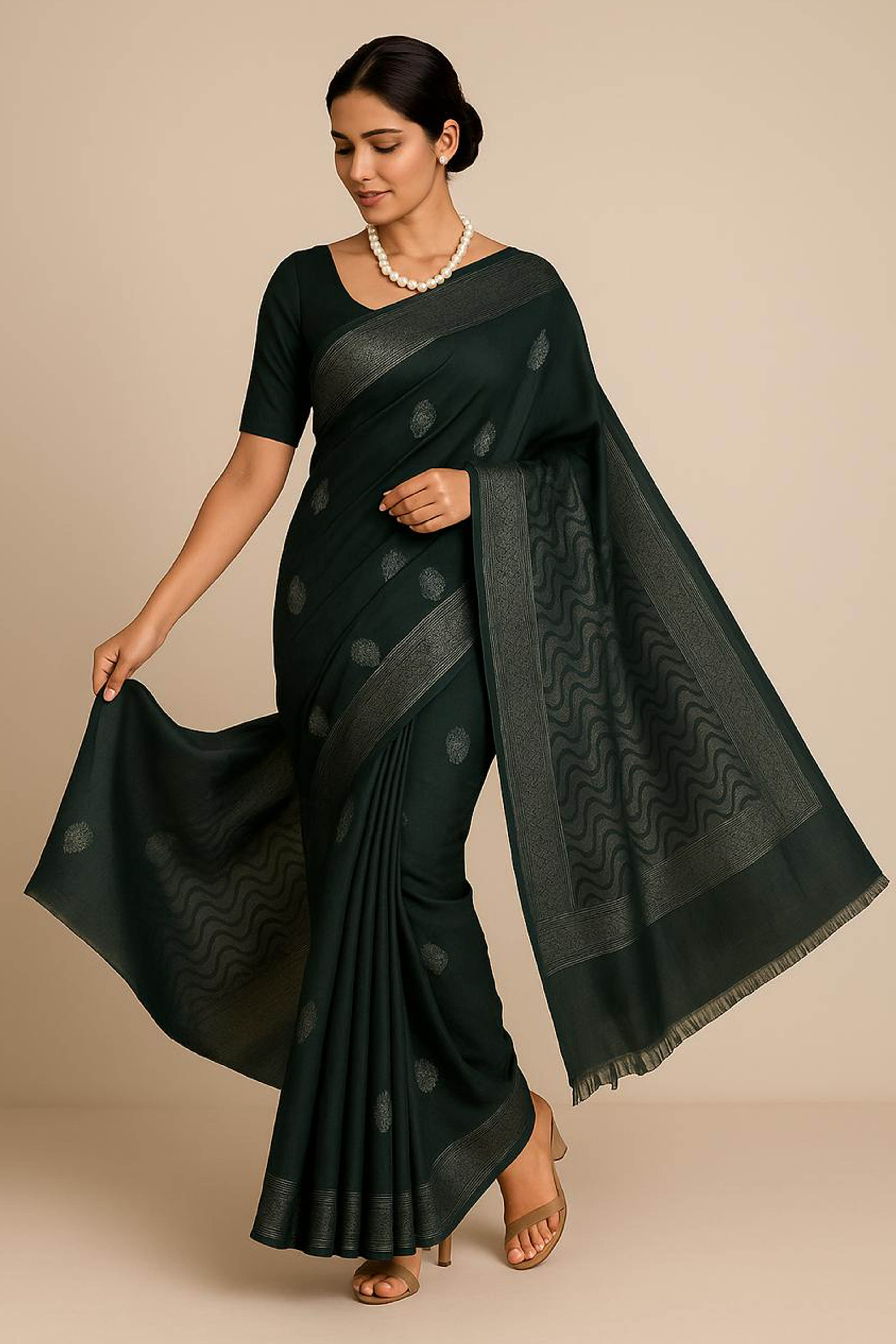 Satrani Pure Linen Cotton Saree in Bottle Green Colour with Silver Buttas - Indian Handloomz
