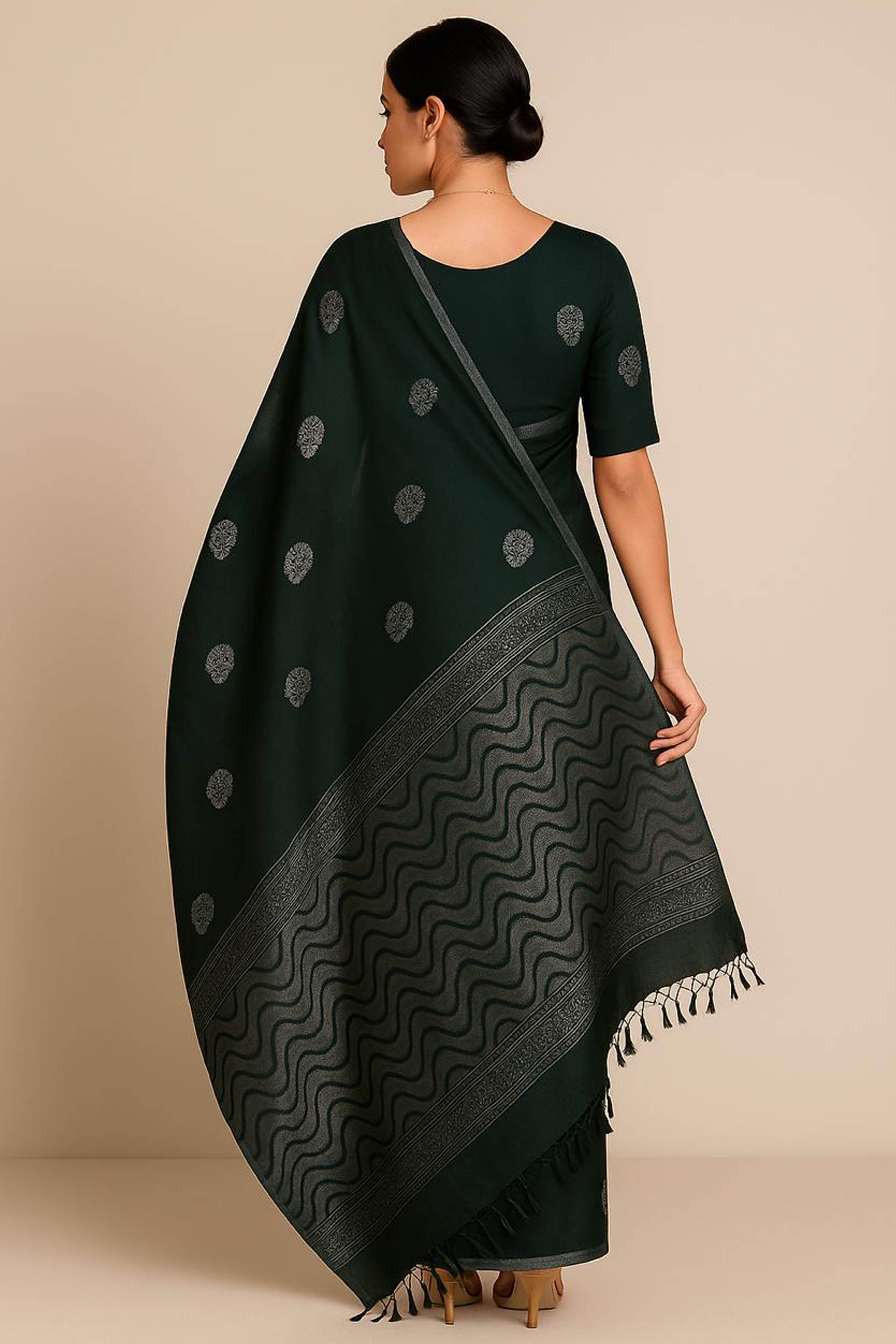 Satrani Pure Linen Cotton Saree in Bottle Green Colour with Silver Buttas - Indian Handloomz