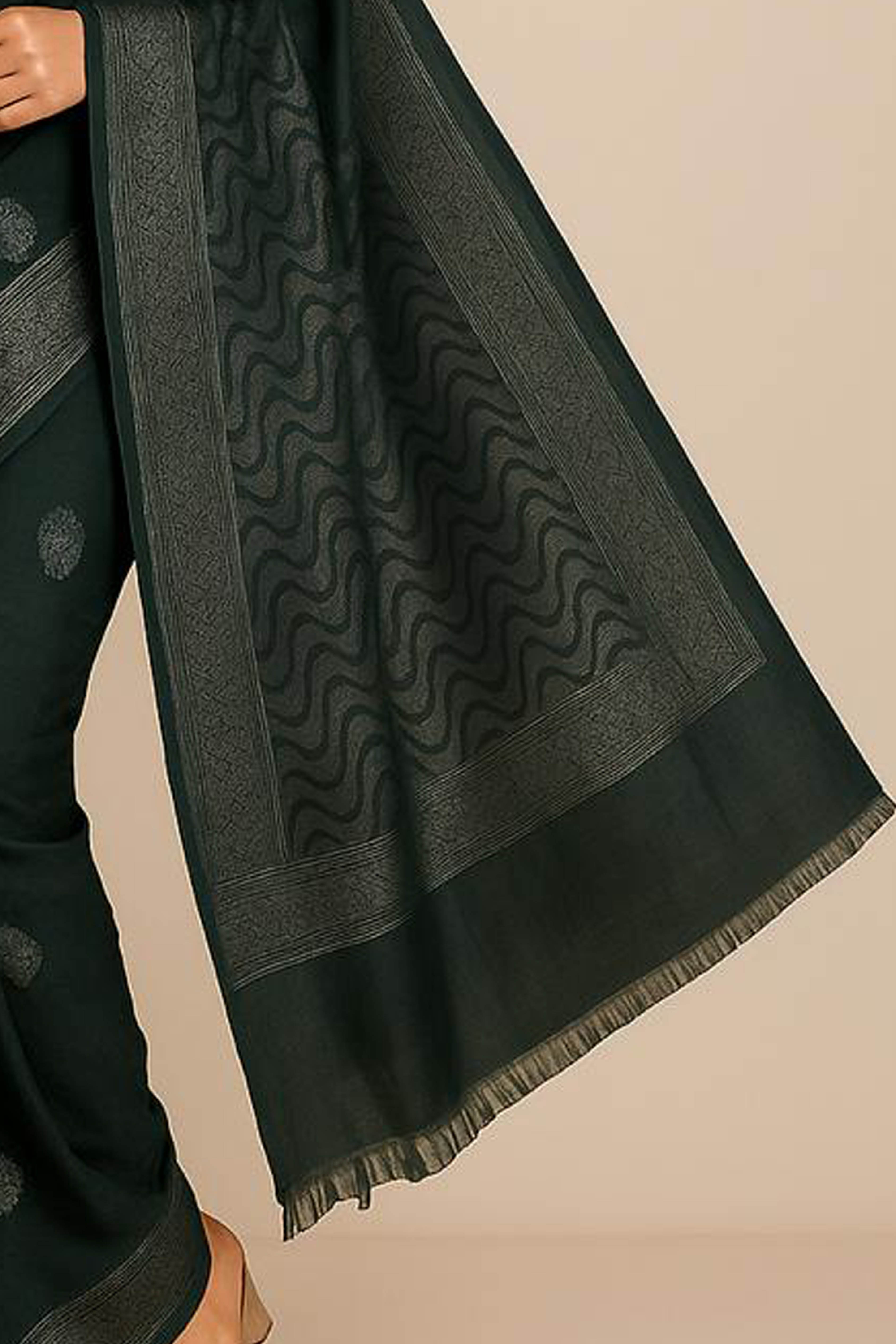 Satrani Pure Linen Cotton Saree in Bottle Green Colour with Silver Buttas - Indian Handloomz