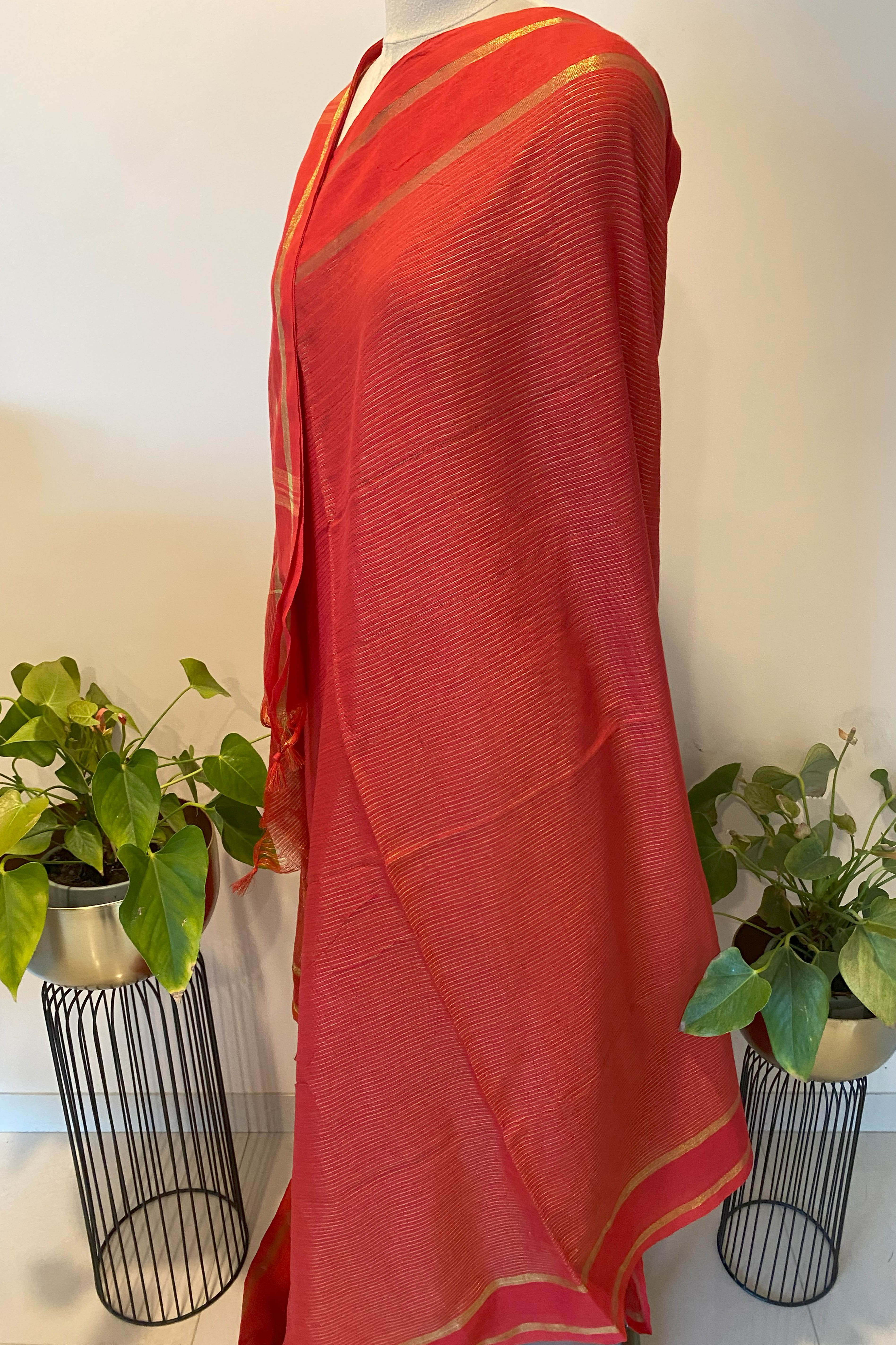 Shades of Red Saree with Golden Border & Checks Pallu - Indian Handloomz