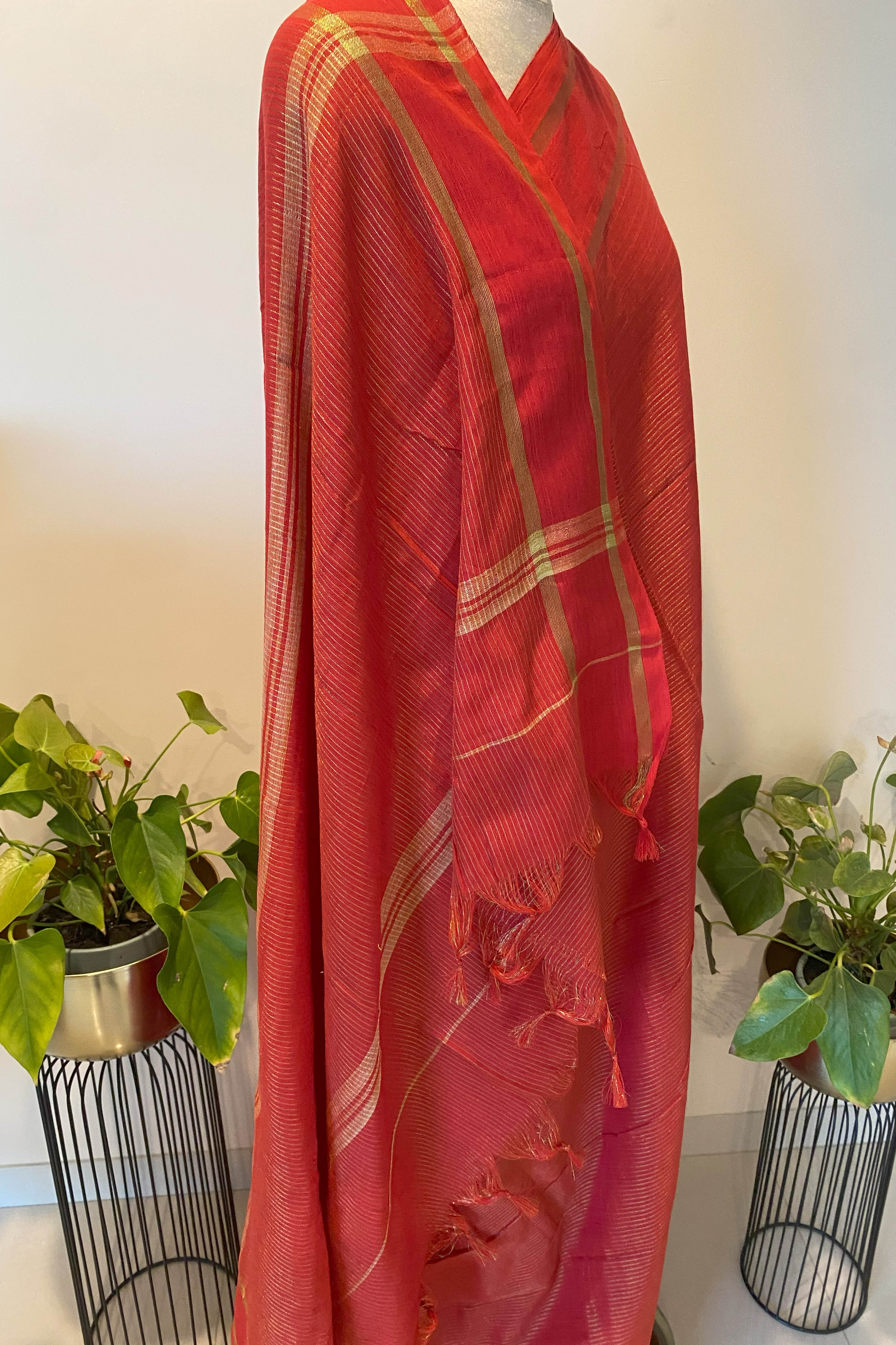 Shades of Red Saree with Golden Border & Checks Pallu - Indian Handloomz