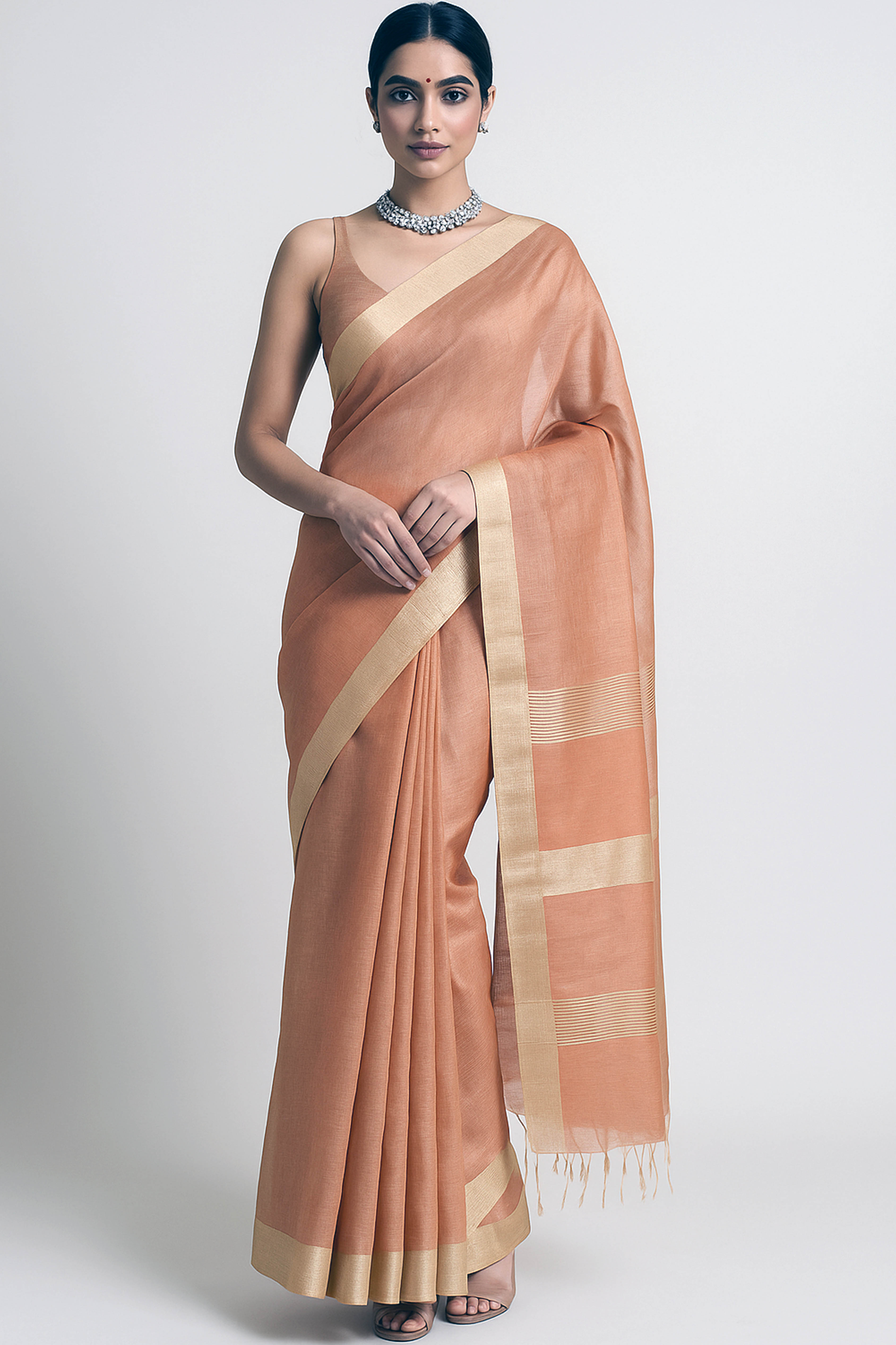 Shreyanshi Maheshwari Silk Cotton Tissue Saree in Copper Colour with Chatai Border - Indian Handloomz