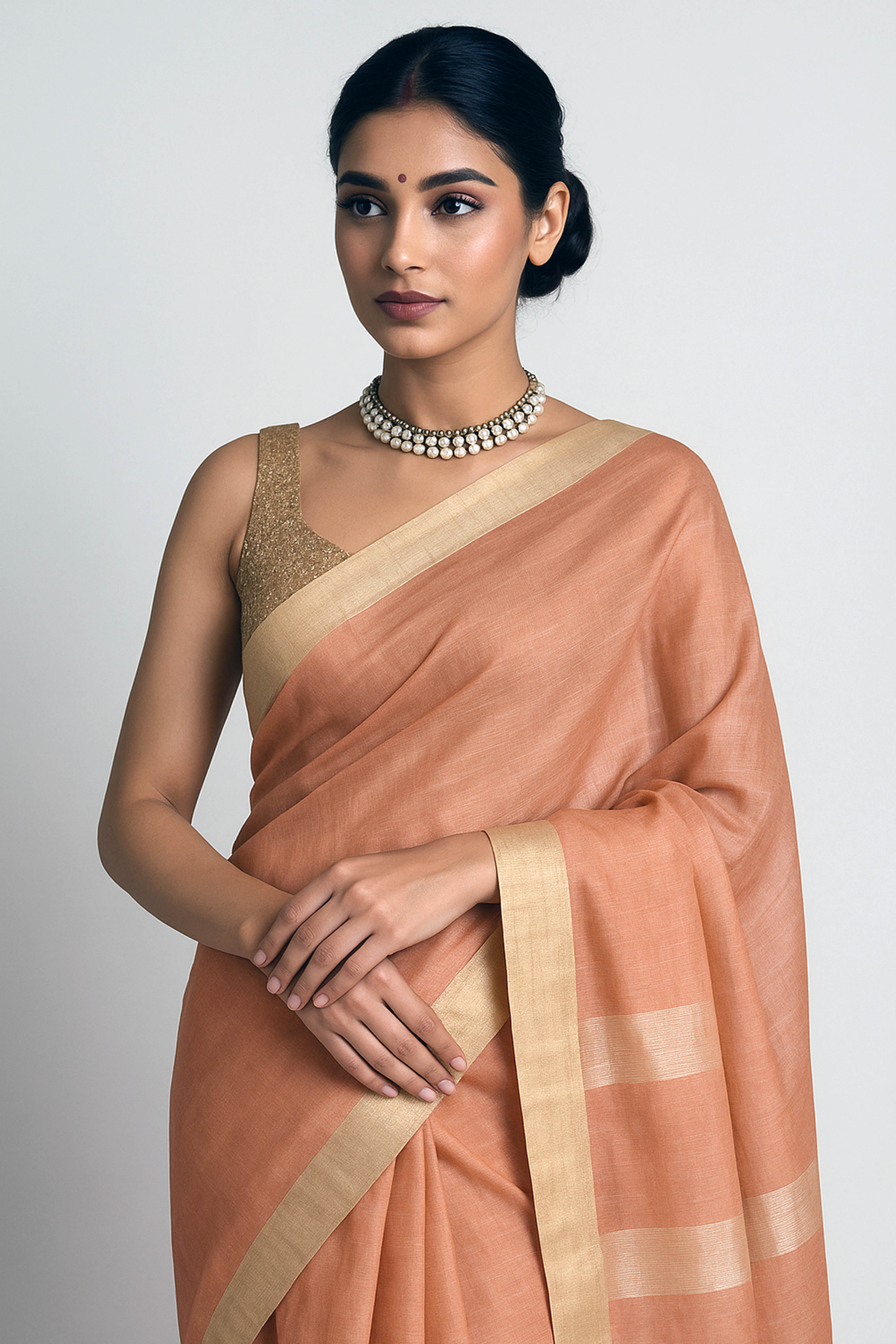 Shreyanshi Maheshwari Silk Cotton Tissue Saree in Copper Colour with Chatai Border - Indian Handloomz