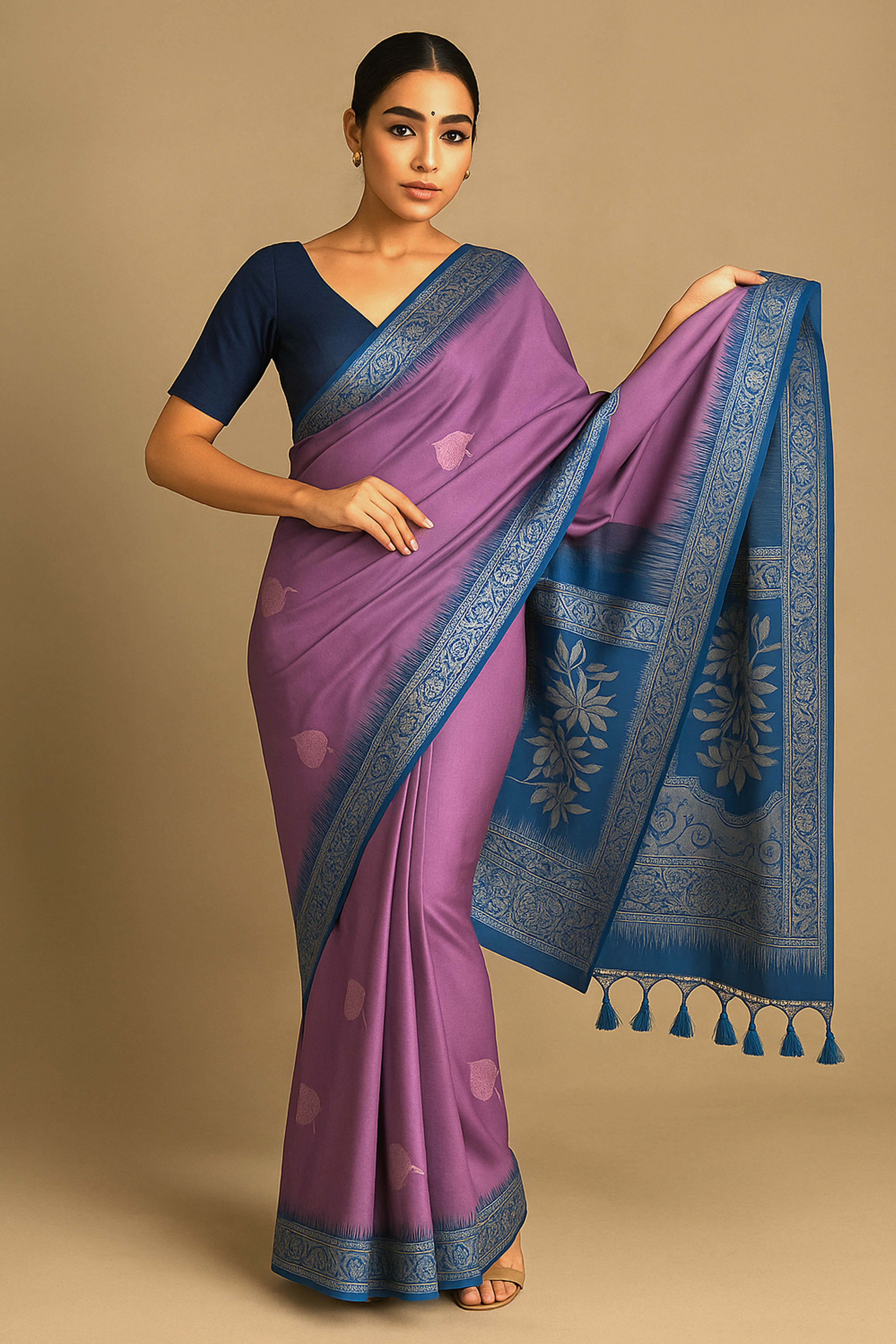 Silk Saree in Lilac Body & Blue Pallu with Silver Zari - Indian Handloomz