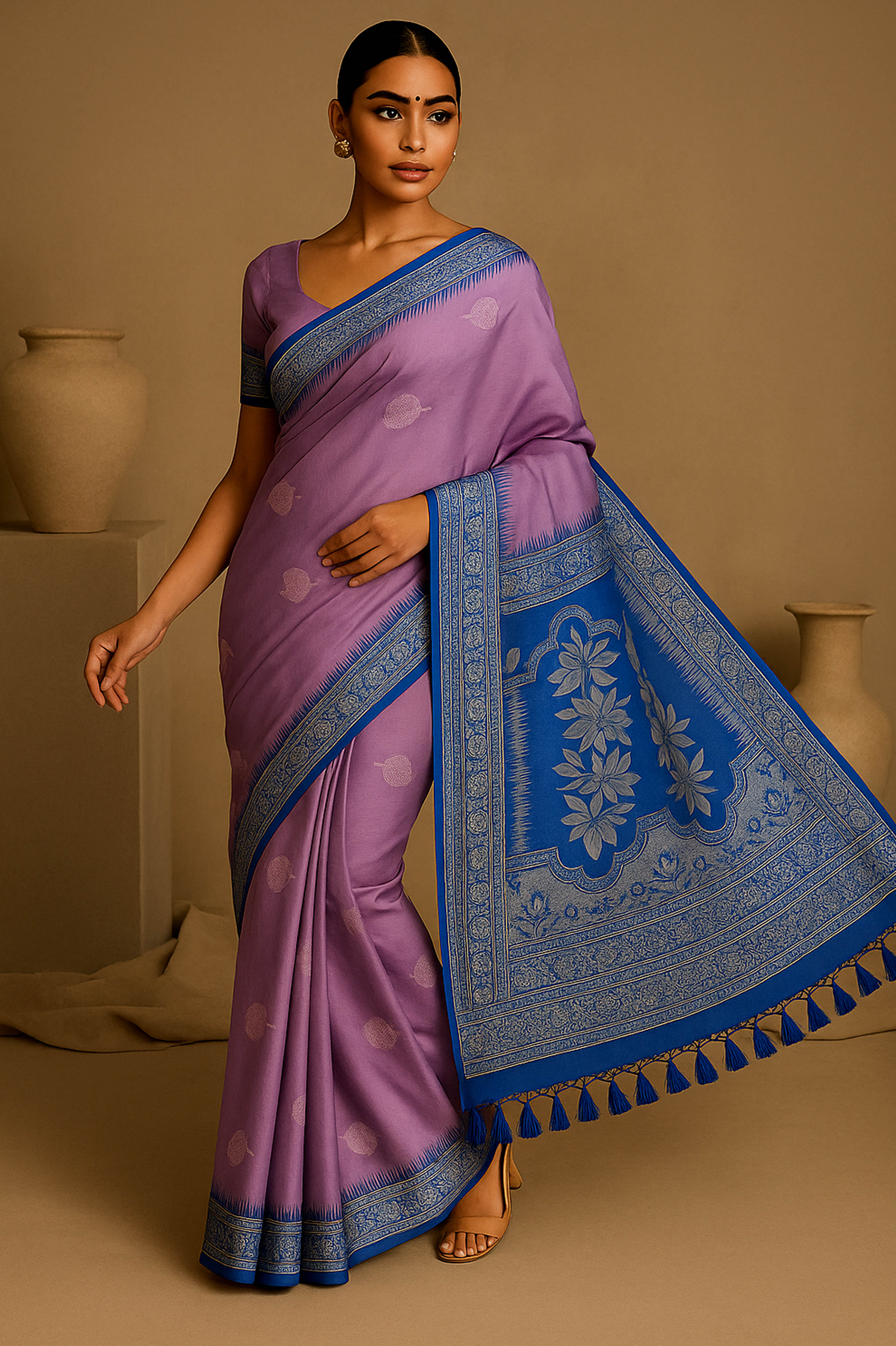 Silk Saree in Lilac Body & Blue Pallu with Silver Zari - Indian Handloomz