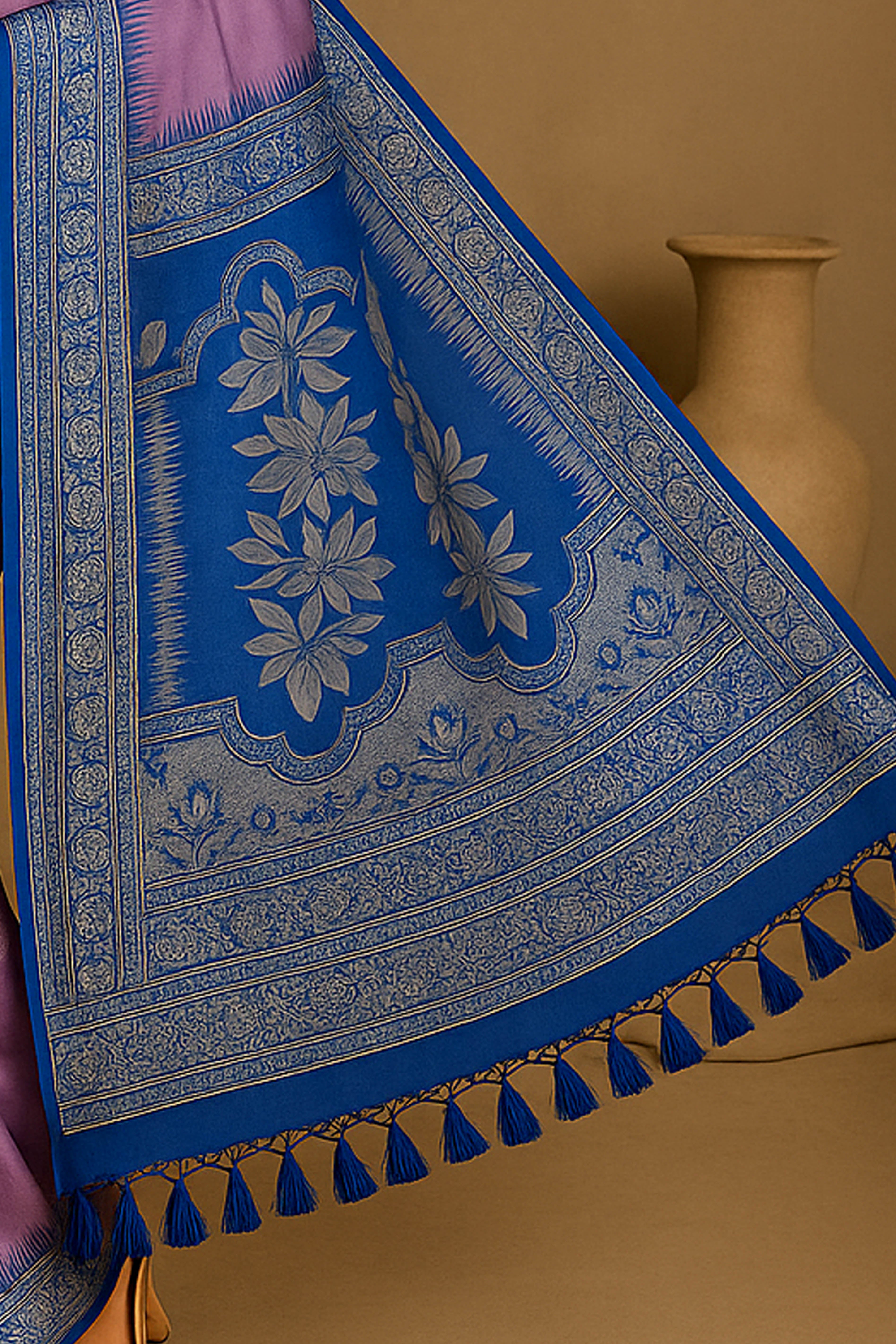 Silk Saree in Lilac Body & Blue Pallu with Silver Zari - Indian Handloomz