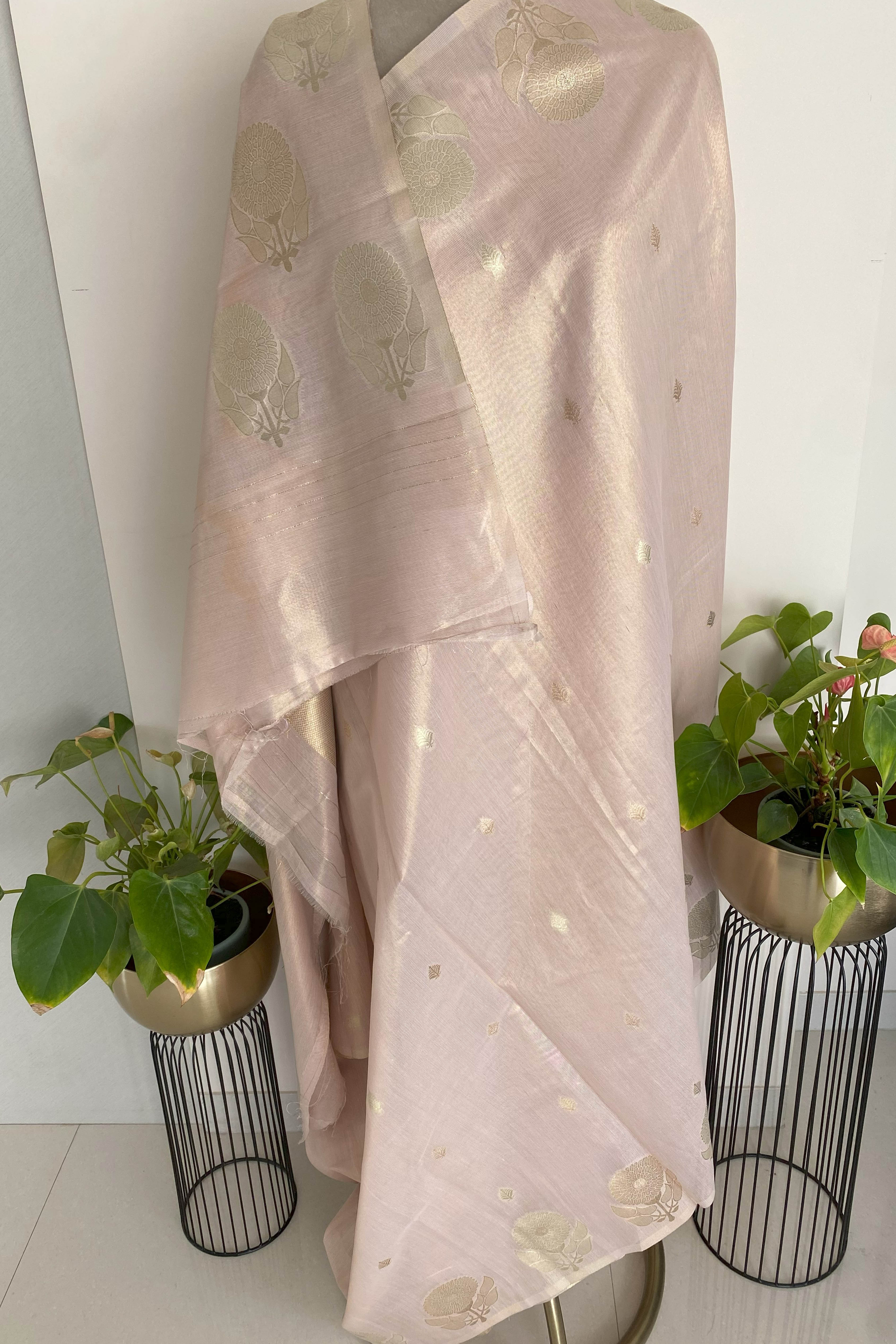 Soft Tissue Linen Saree with Zari in Peach Colour - Indian Handloomz