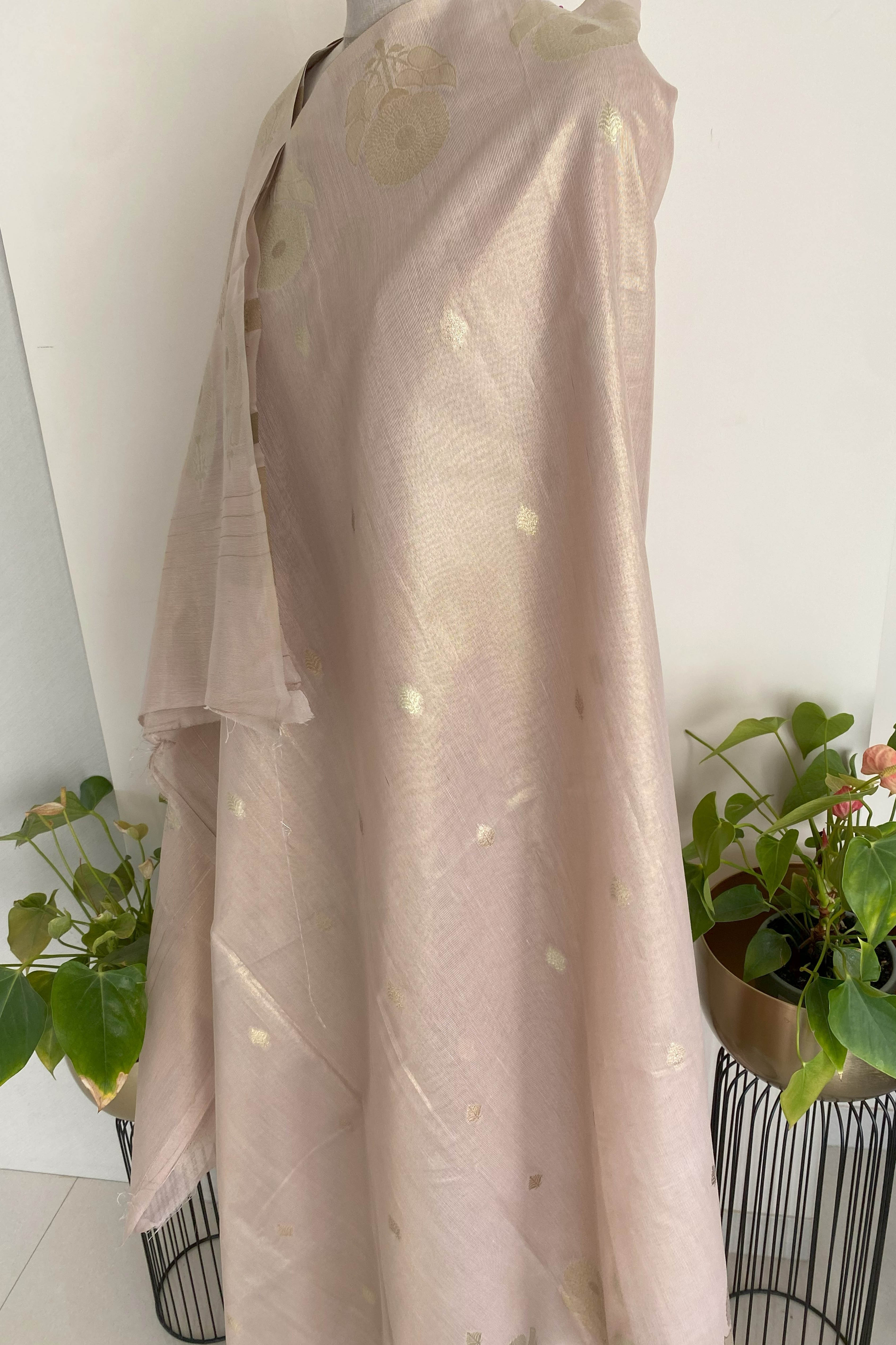 Soft Tissue Linen Saree with Zari in Peach Colour - Indian Handloomz