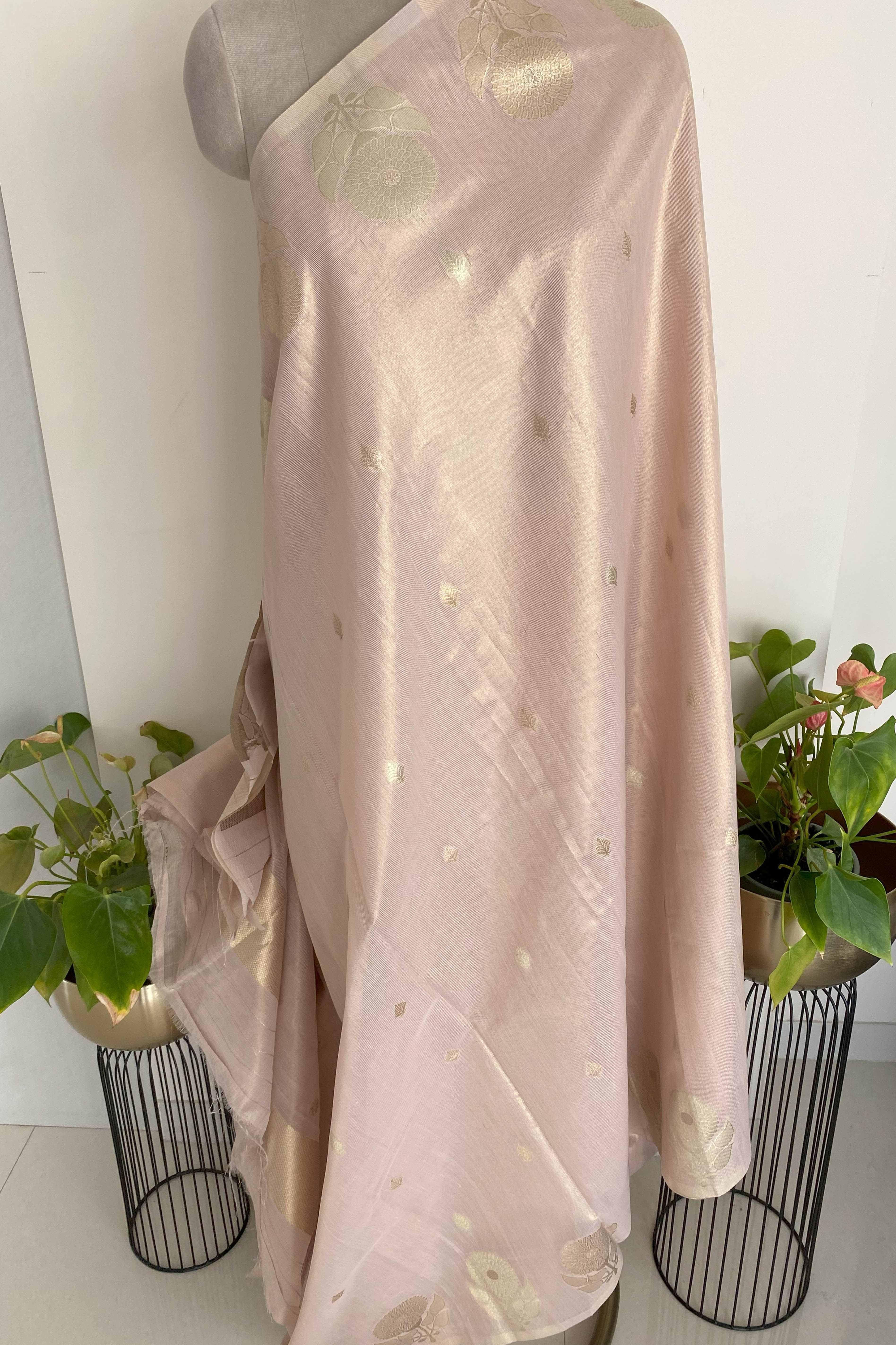 Soft Tissue Linen Saree with Zari in Peach Colour - Indian Handloomz