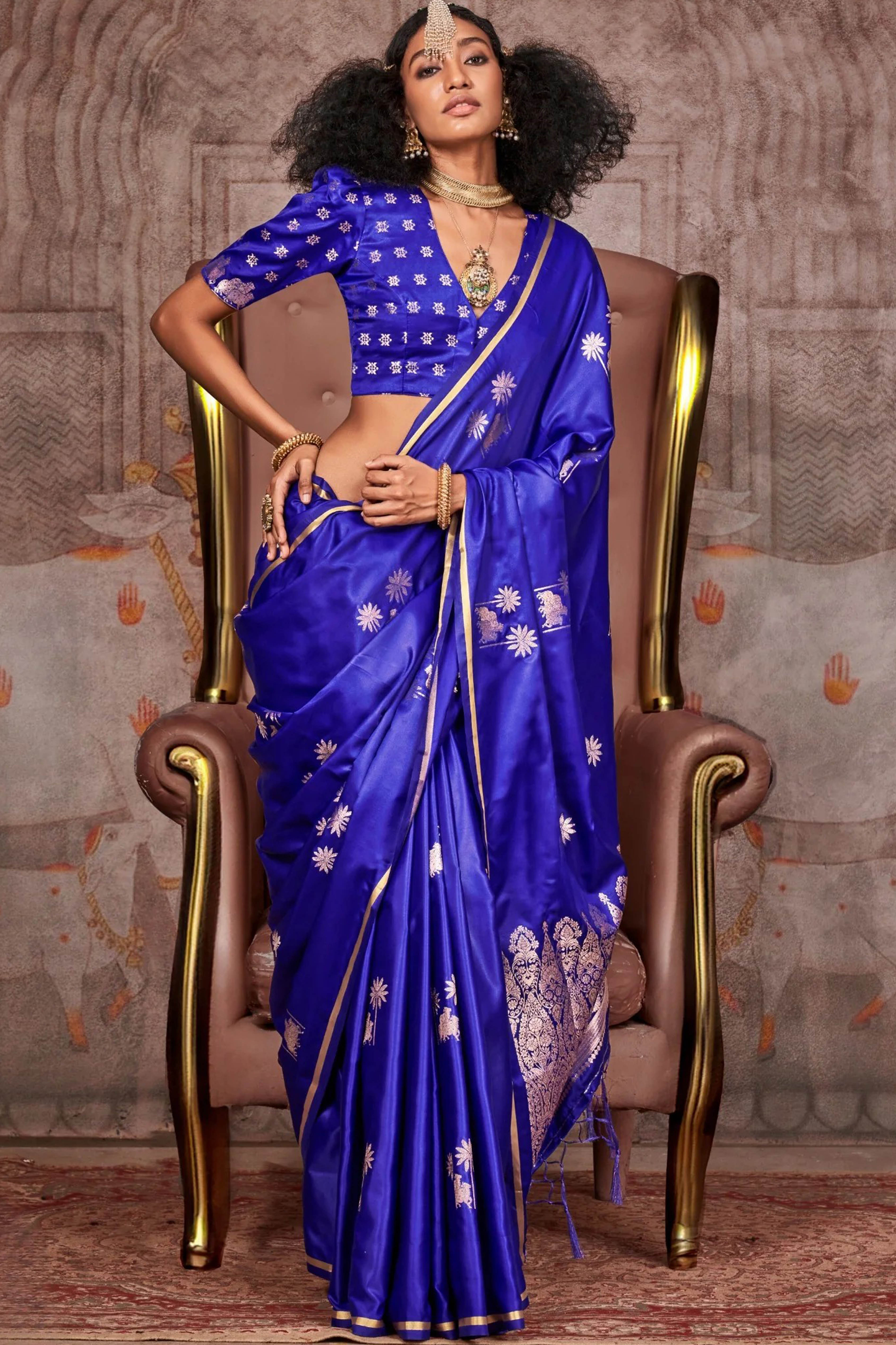 Soft Tissue Silk Saree with Copperish Zari in Royal Blue - Indian Handloomz