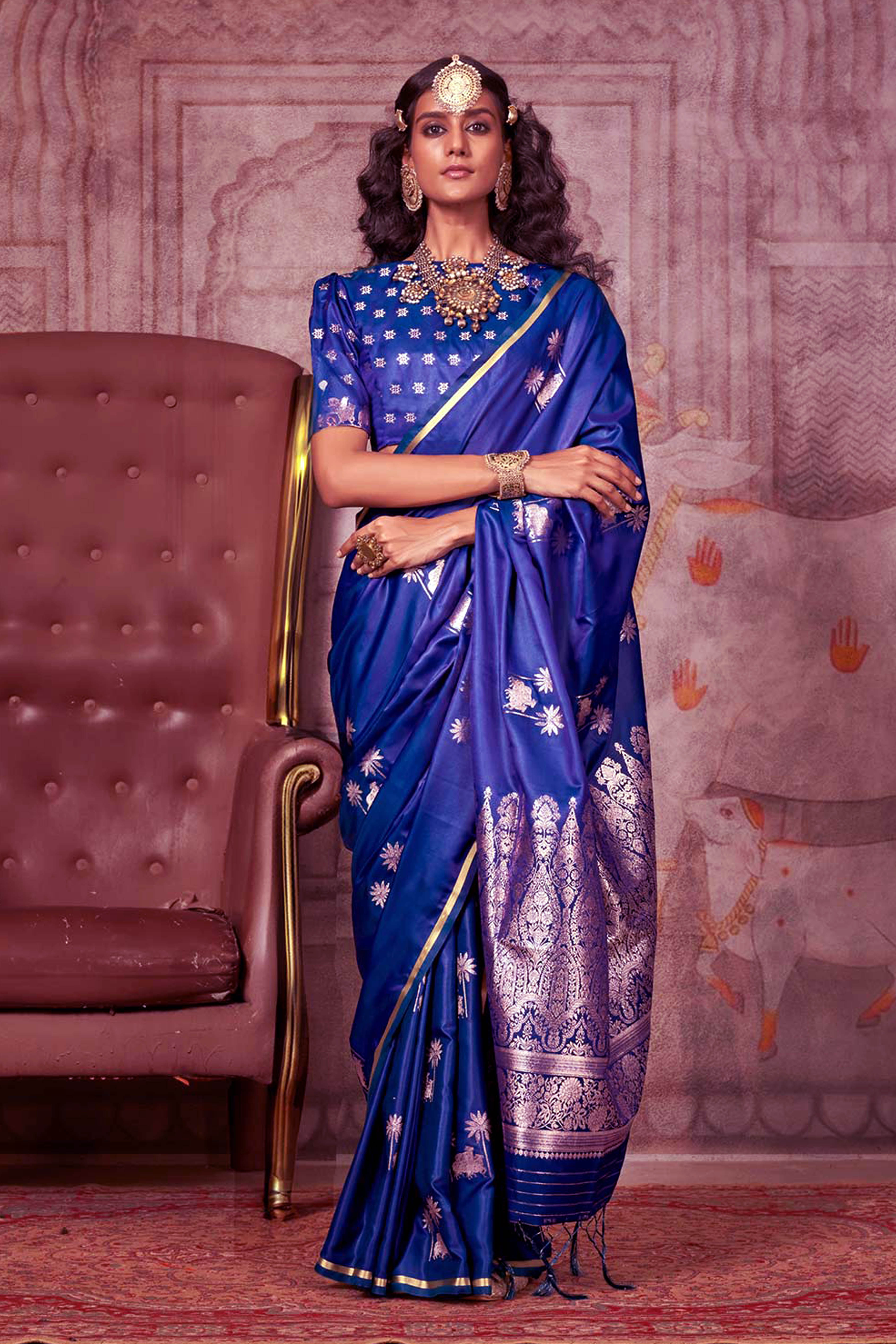 Soft Tissue Silk Saree with Copperish Zari in Royal Blue - Indian Handloomz
