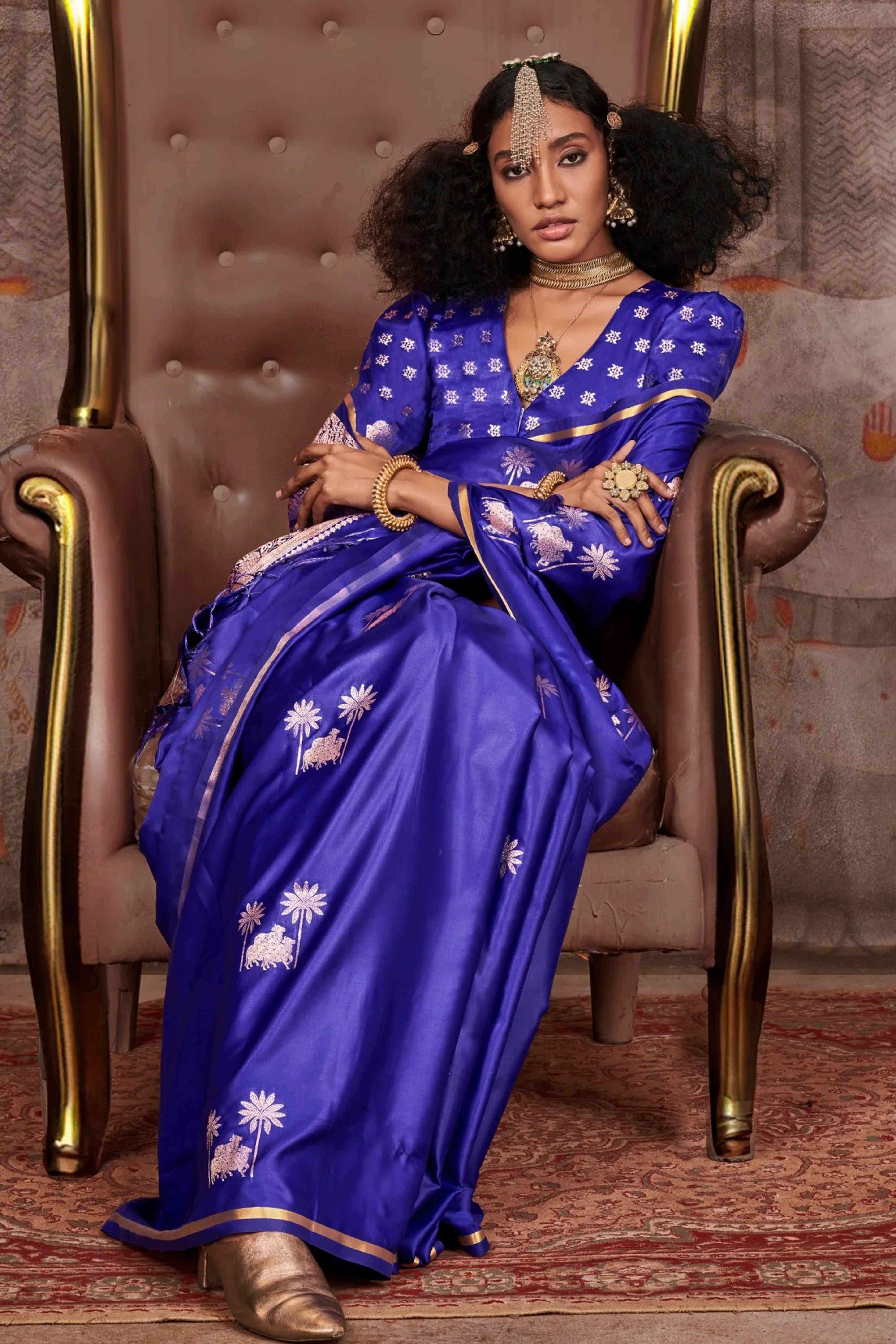 Soft Tissue Silk Saree with Copperish Zari in Royal Blue - Indian Handloomz