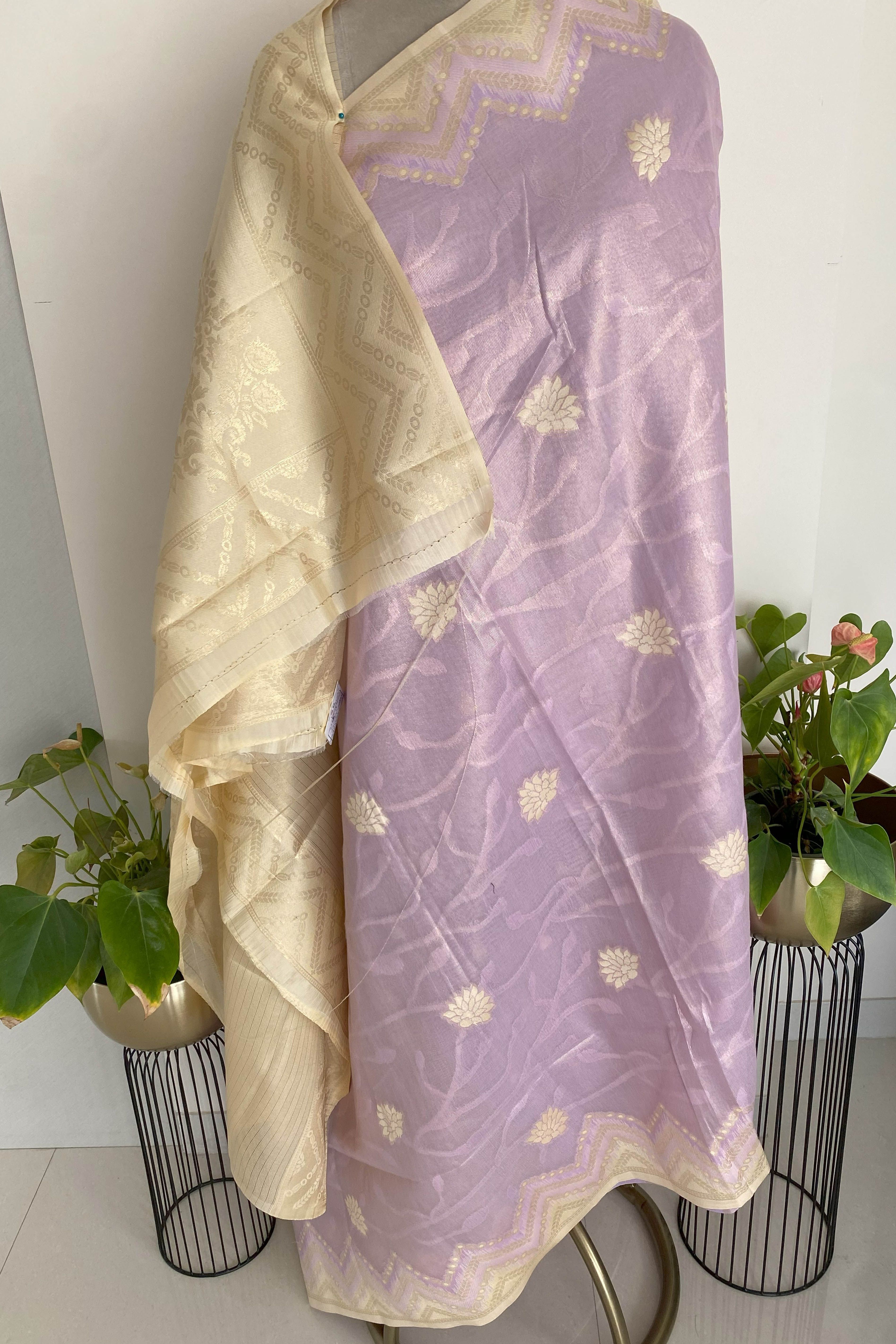 Soft Tissue Silk Saree with Zari in Lilac Colour - Indian Handloomz