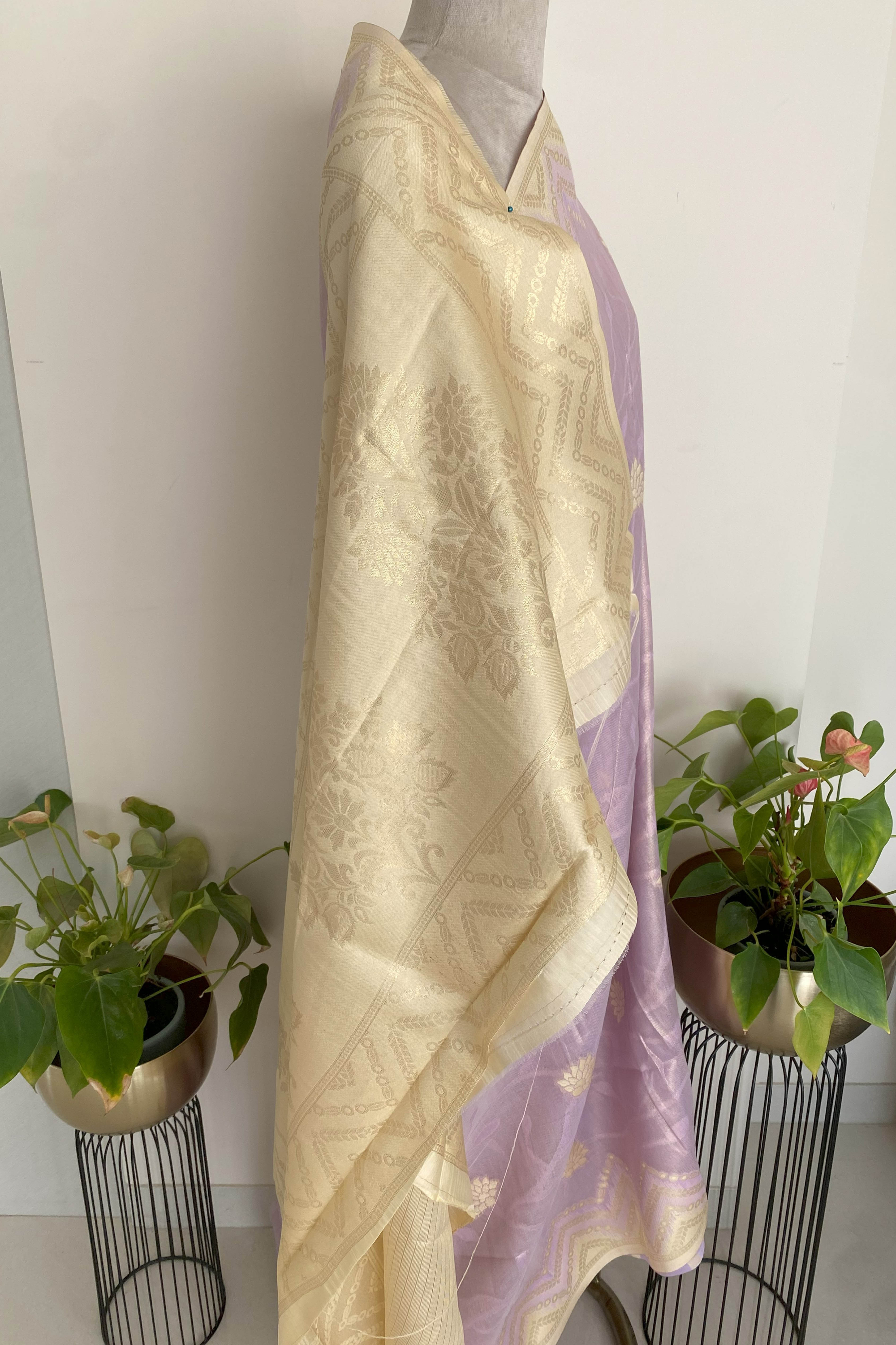 Soft Tissue Silk Saree with Zari in Lilac Colour - Indian Handloomz