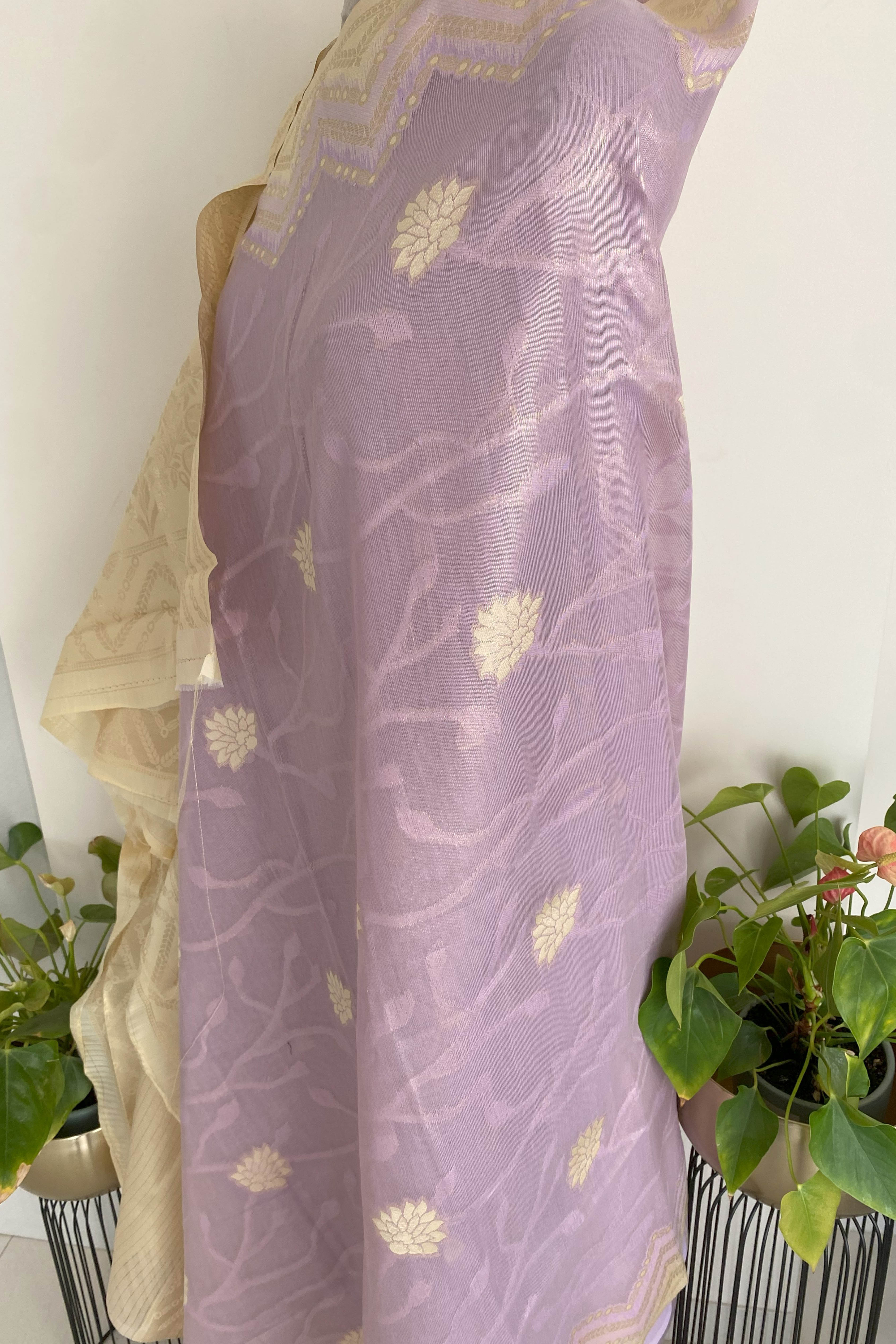 Soft Tissue Silk Saree with Zari in Lilac Colour - Indian Handloomz