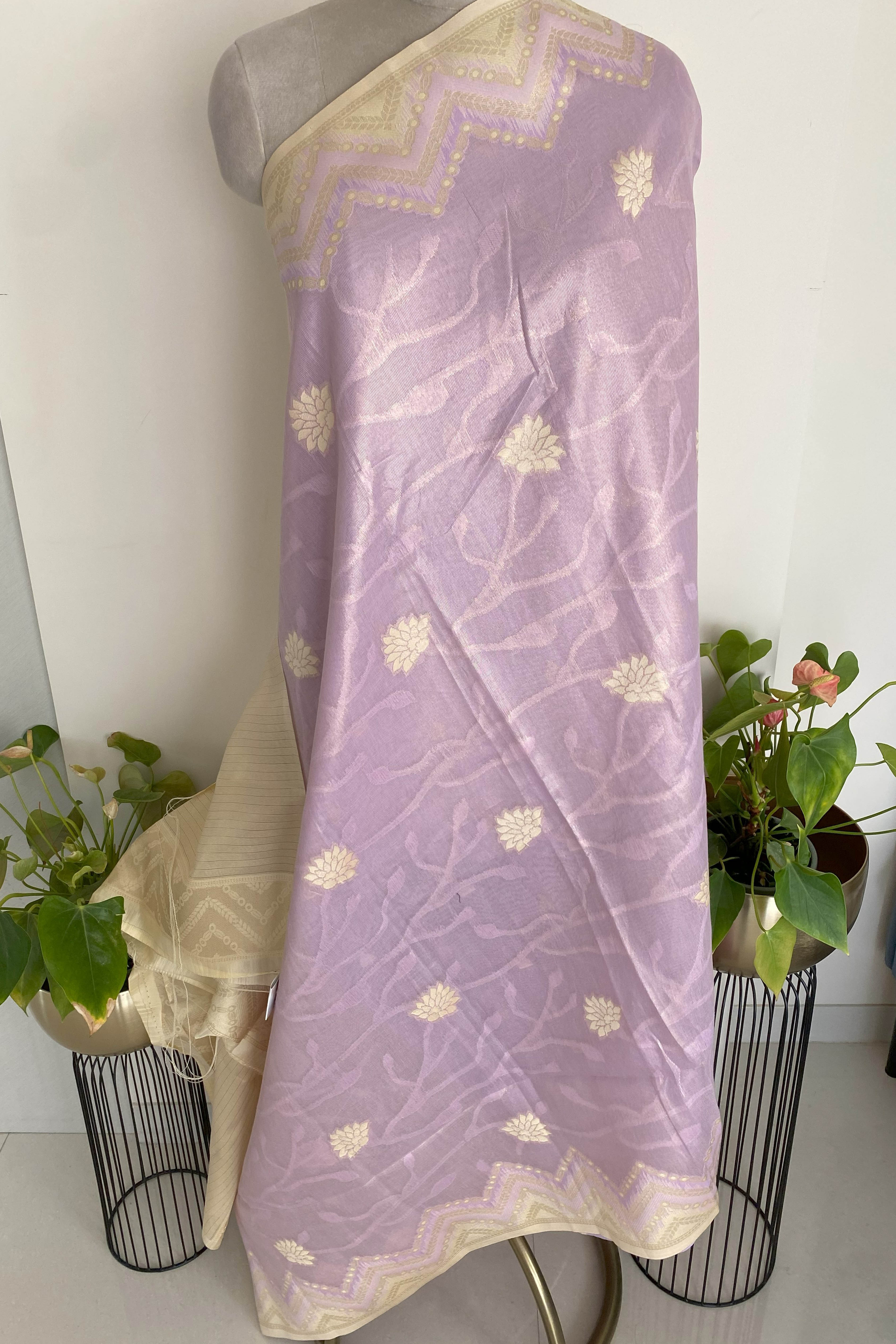 Soft Tissue Silk Saree with Zari in Lilac Colour - Indian Handloomz