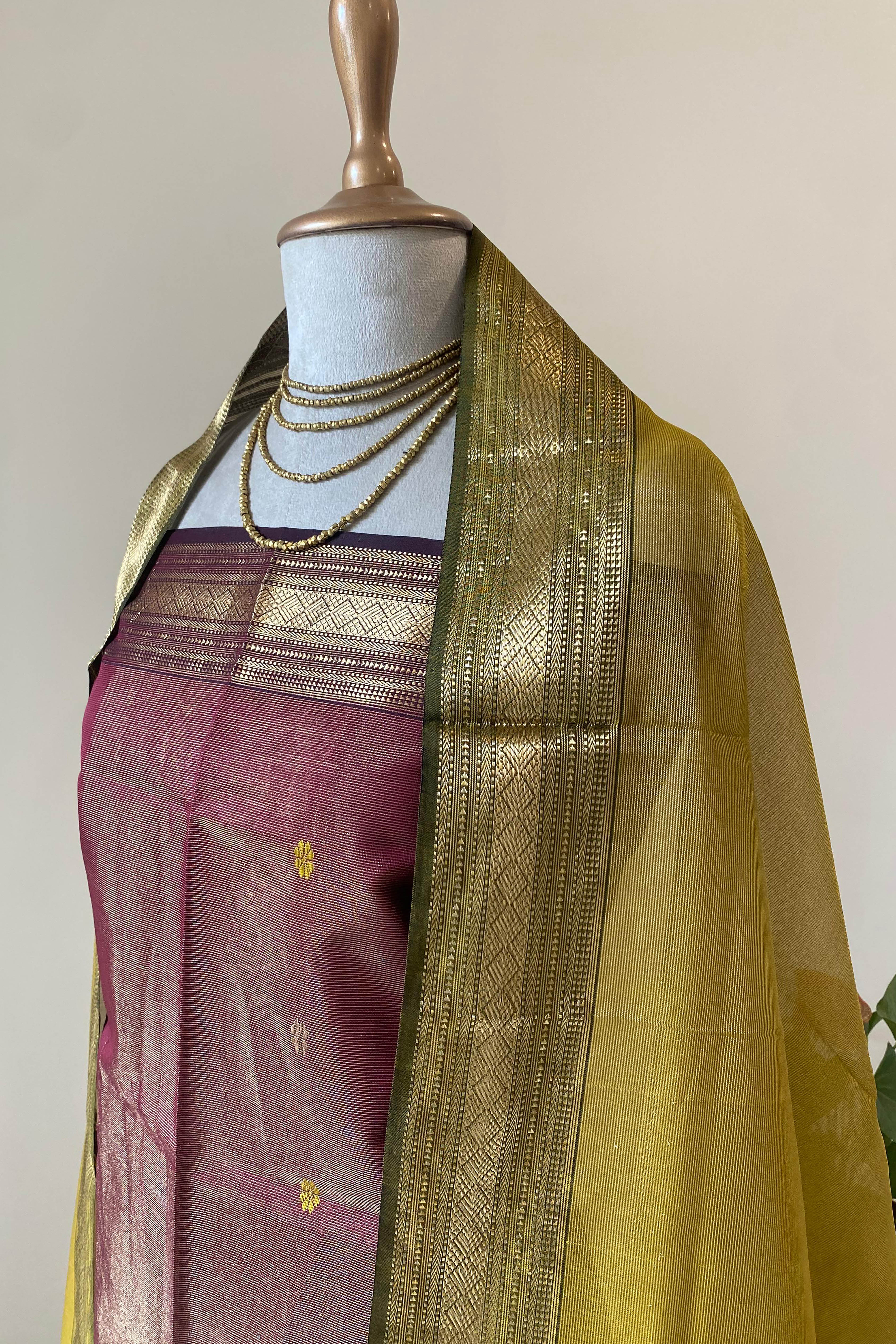 Dimpi Rich Dark Onion Pink Tissue Cotton Silk Maheshwari Unstitched Suit Set - Indian Handloomz