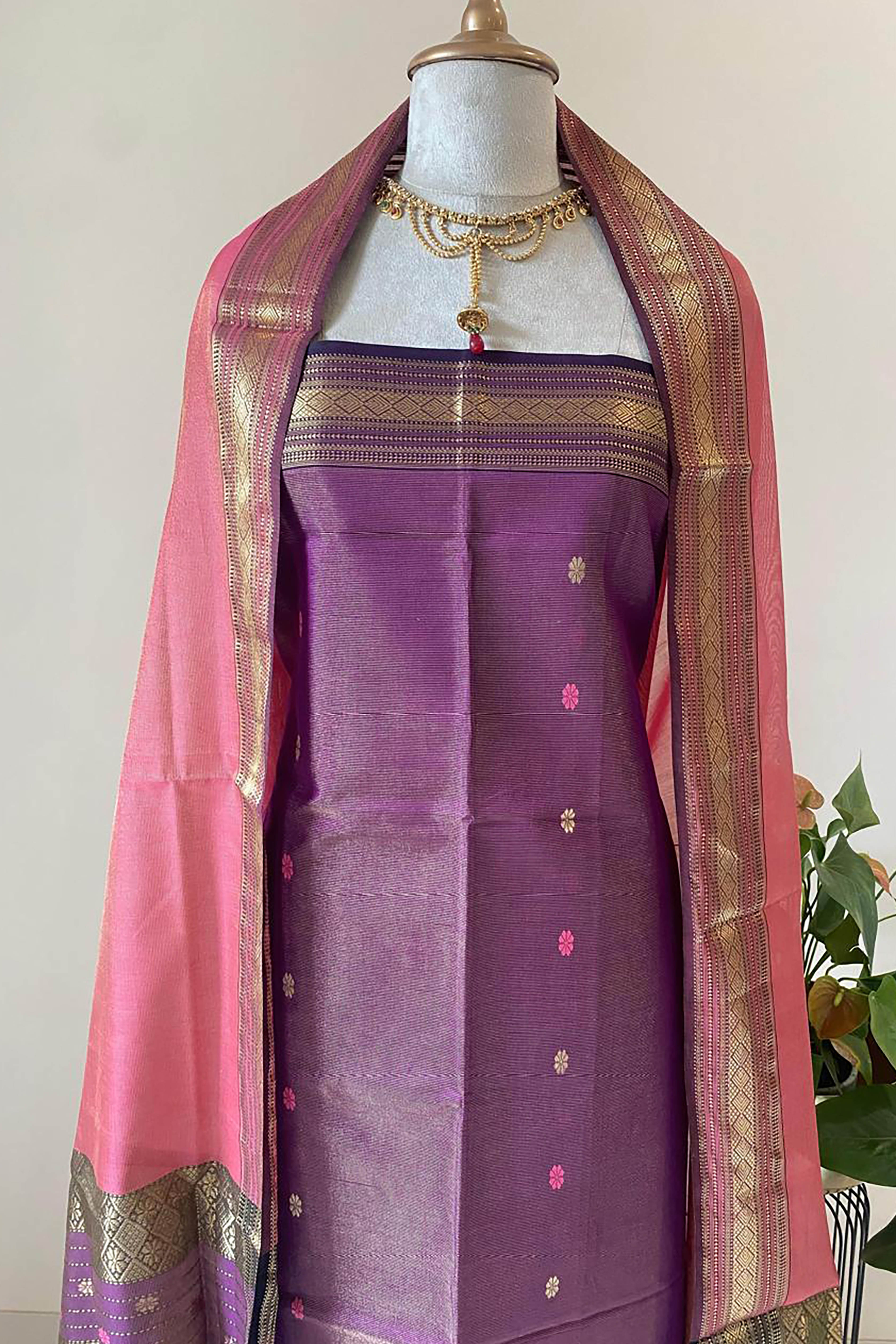 Rashi Rich Aubergine Tissue Cotton Silk Maheshwari Unstitched Suit Set - Indian Handloomz