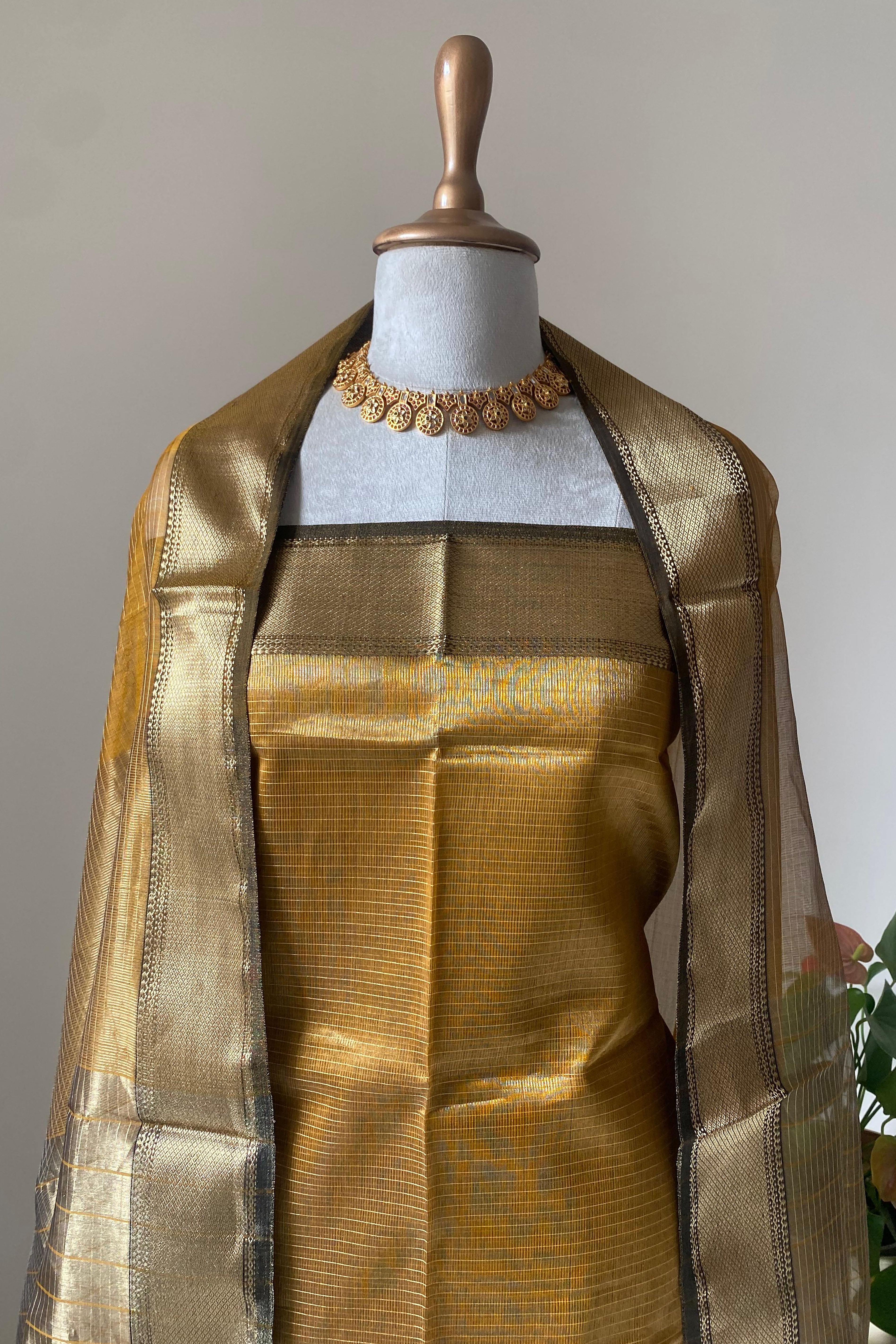Farida Mustard Yellow Tissue Cotton Silk Maheshwari Unstitched Suit Set - Indian Handloomz