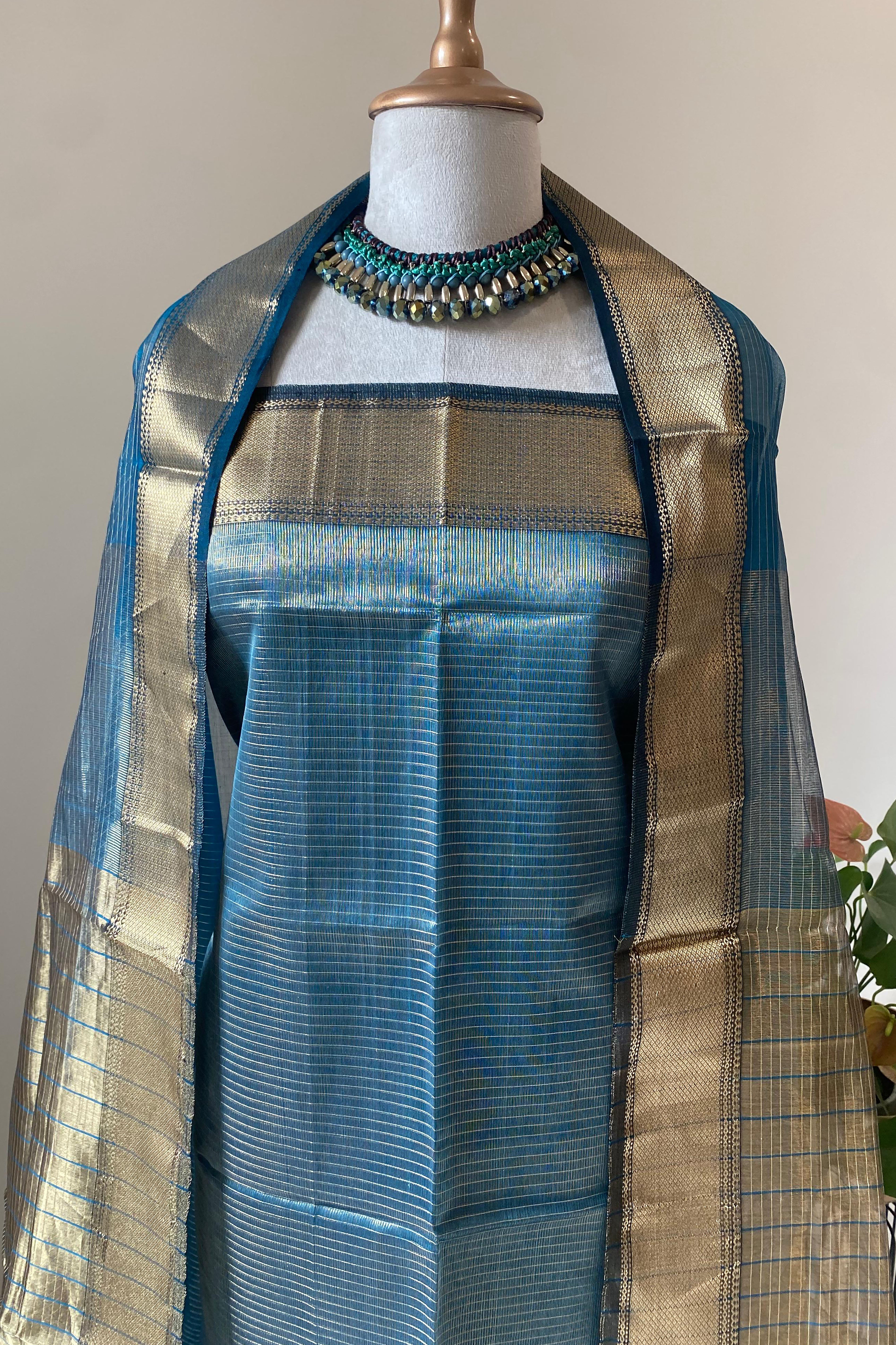 Sejal Rich Peacock Blue Tissue Cotton Silk Maheshwari Unstitched Suit Set - Indian Handloomz