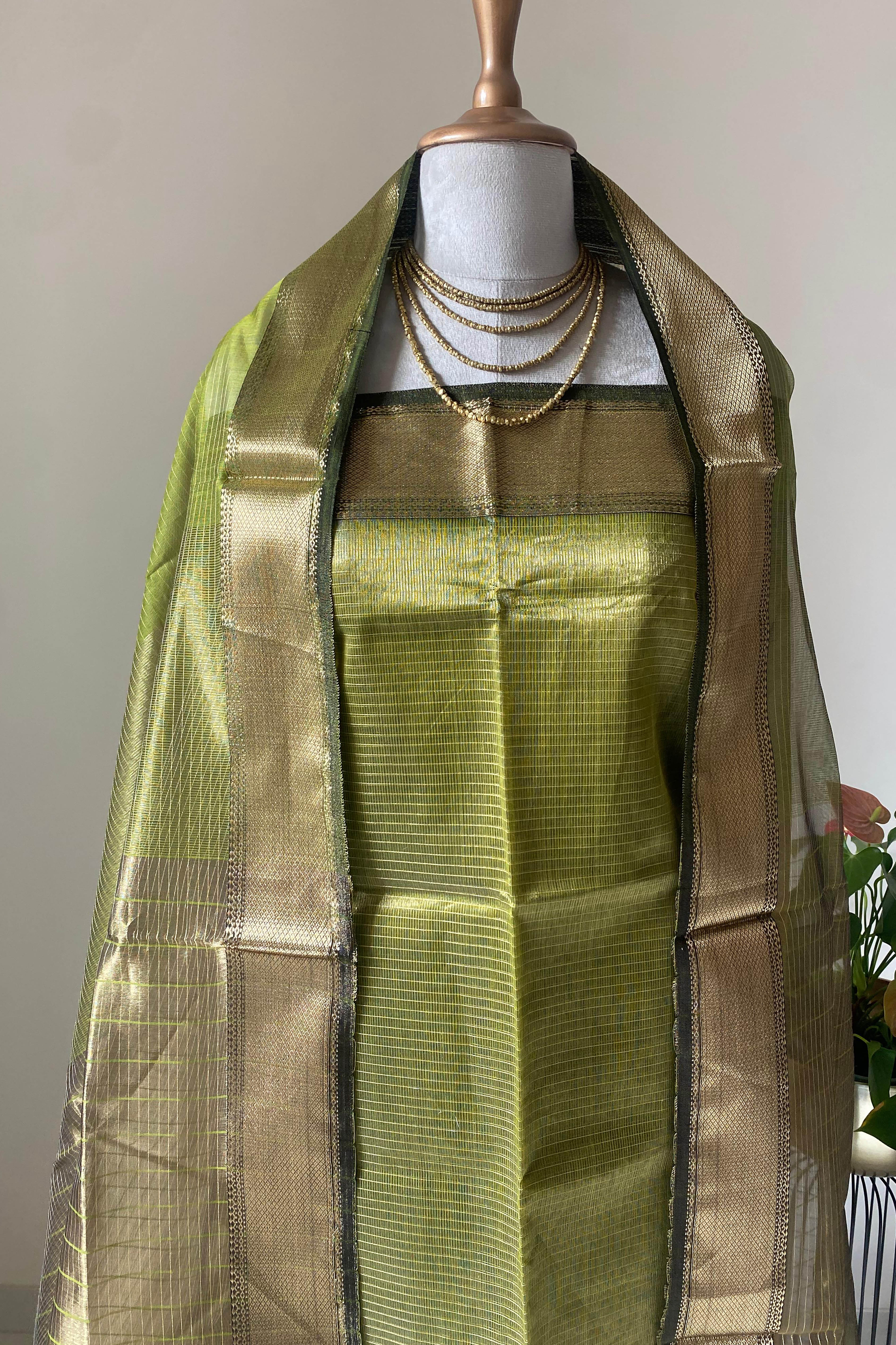 Aadrika Rich Mehndi Green Tissue Cotton Silk Maheshwari Unstitched Suit Set - Indian Handloomz