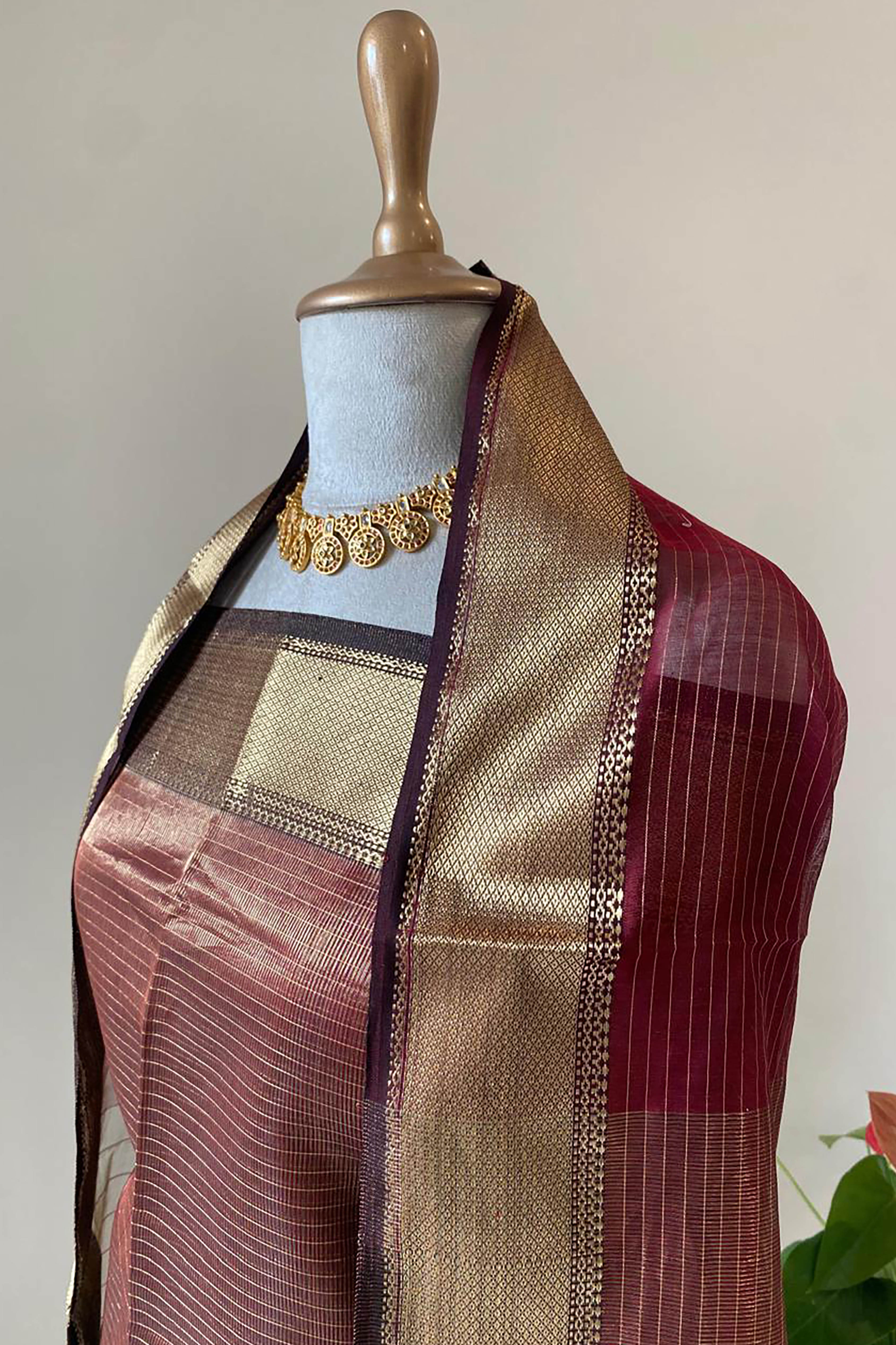 Sarika Deep Maroon Tissue Cotton Silk Maheshwari Unstitched Suit Set - Indian Handloomz
