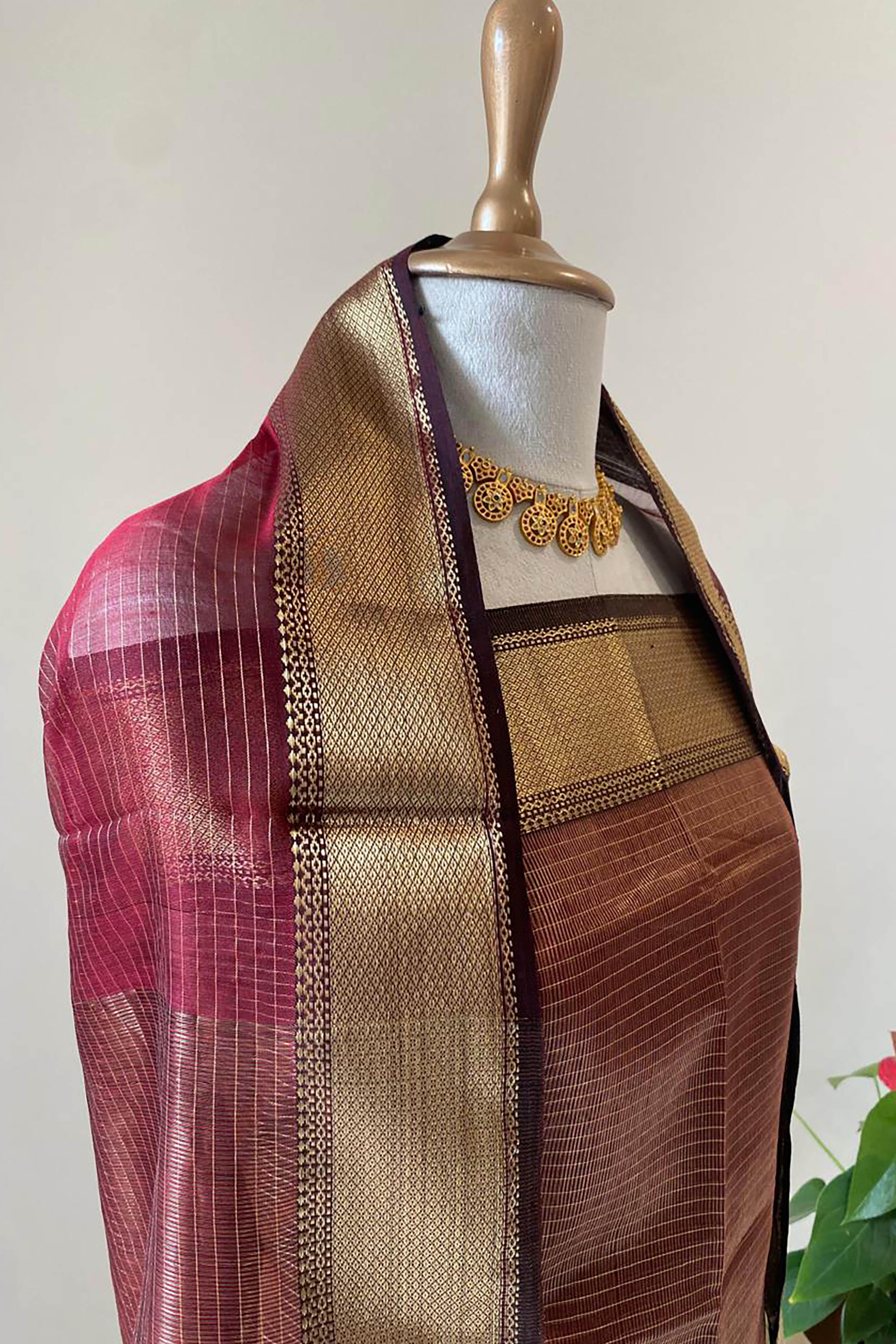 Sarika Deep Maroon Tissue Cotton Silk Maheshwari Unstitched Suit Set - Indian Handloomz