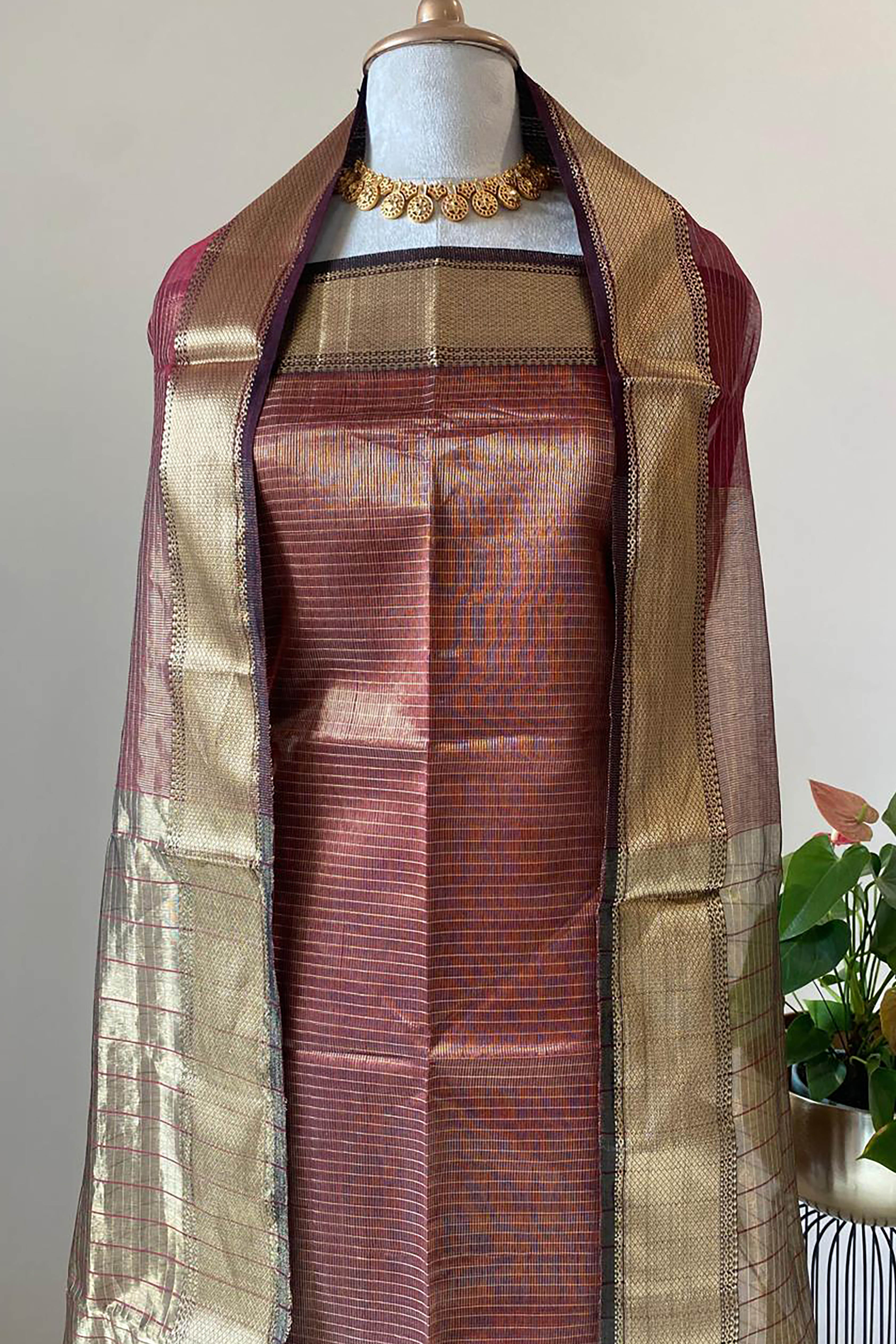 Sarika Deep Maroon Tissue Cotton Silk Maheshwari Unstitched Suit Set - Indian Handloomz