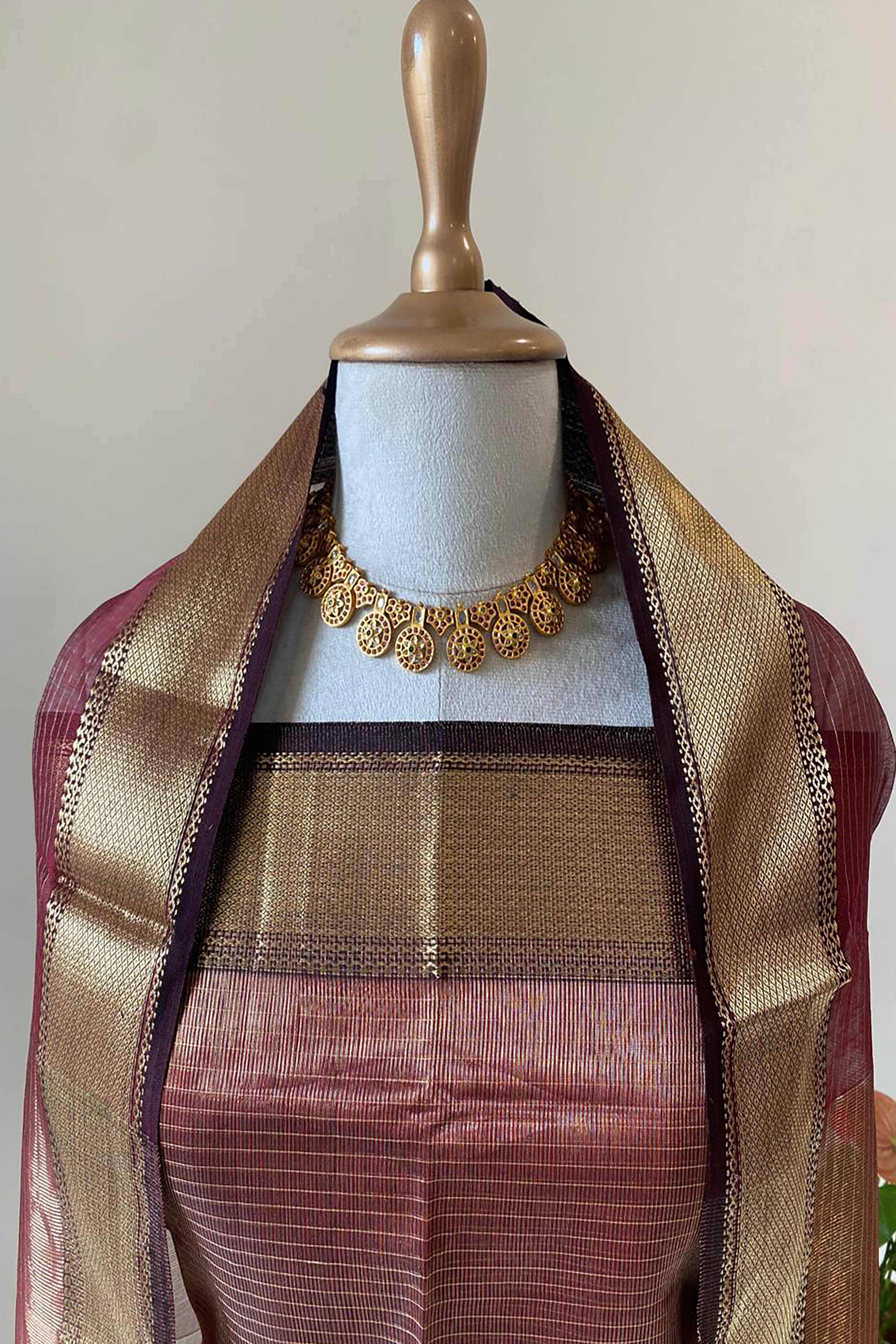 Sarika Deep Maroon Tissue Cotton Silk Maheshwari Unstitched Suit Set - Indian Handloomz