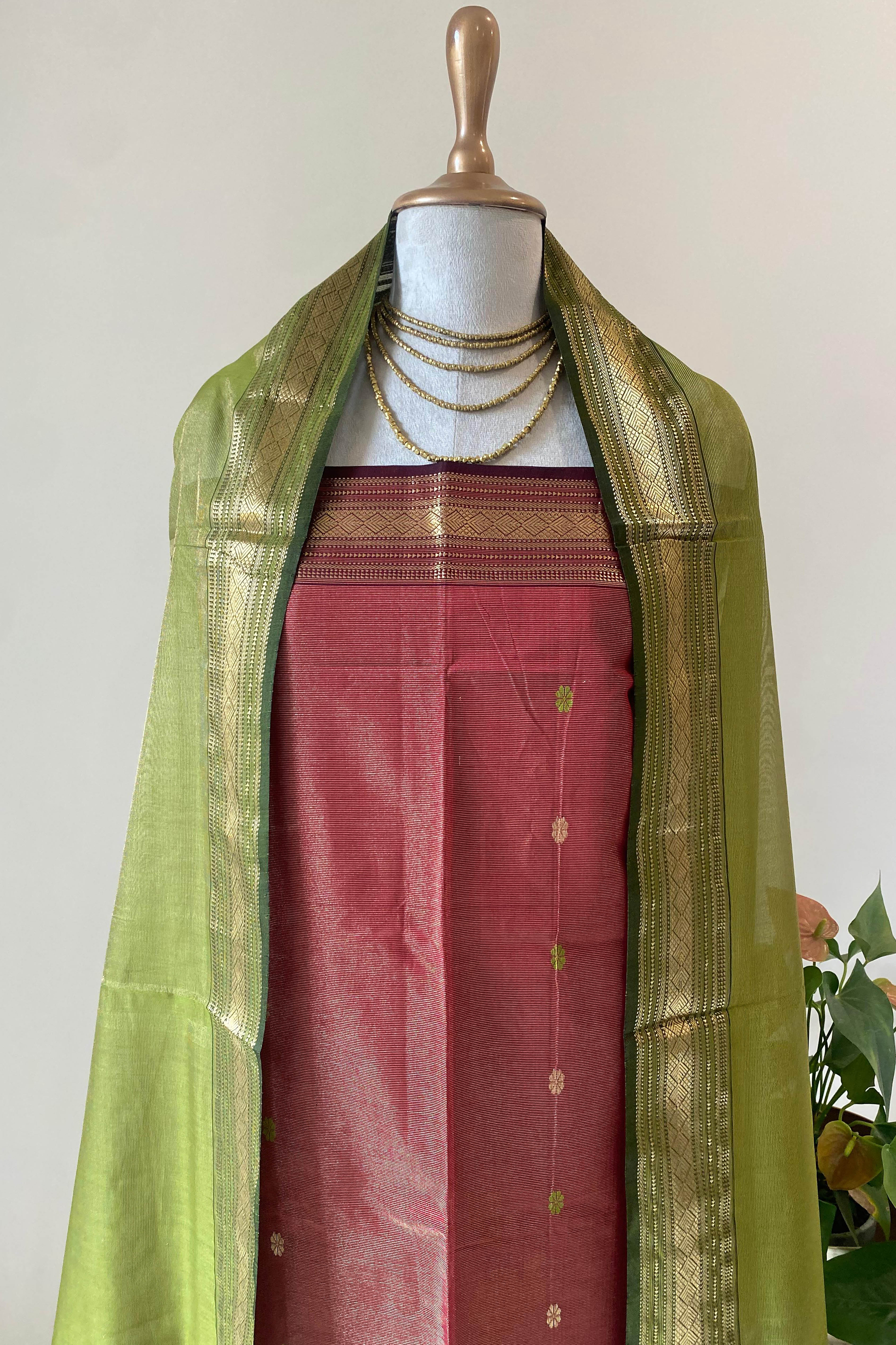 Lavanya Crimson Red Tissue Cotton Silk Maheshwari Unstitched Suit Set - Indian Handloomz