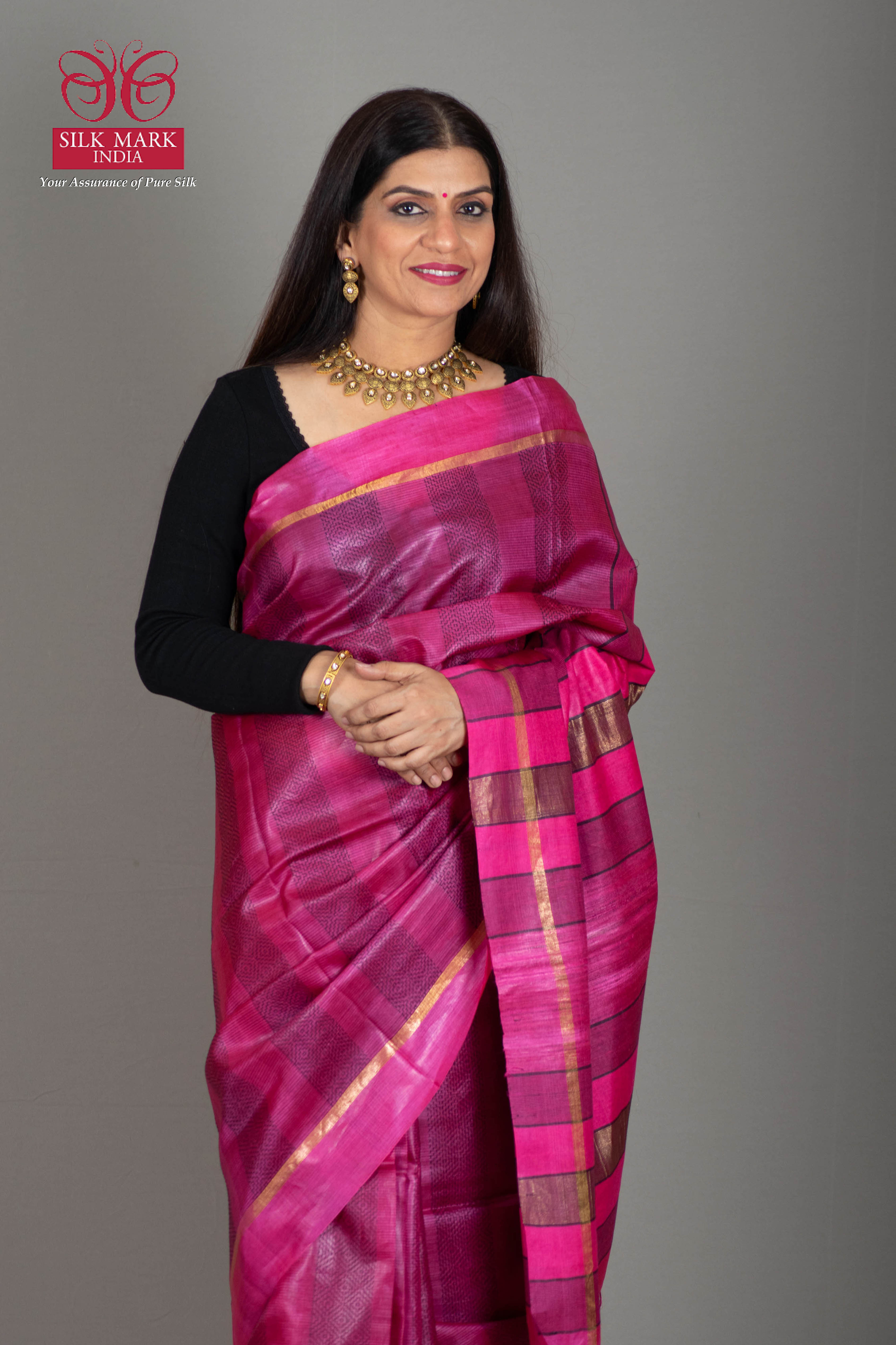 Mishti Pure Moonga Tussar Silk Saree in Rani Pink & Black Colour with Zari Border - Indian Handloomz