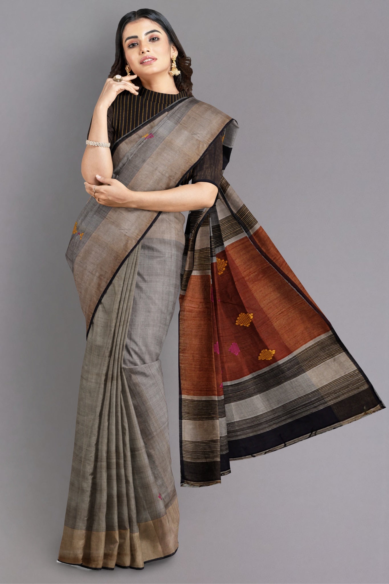 Maithili Pure Tussar Silk Saree in Charcoal Grey with Yellow & Pink Buttas - Indian Handloomz