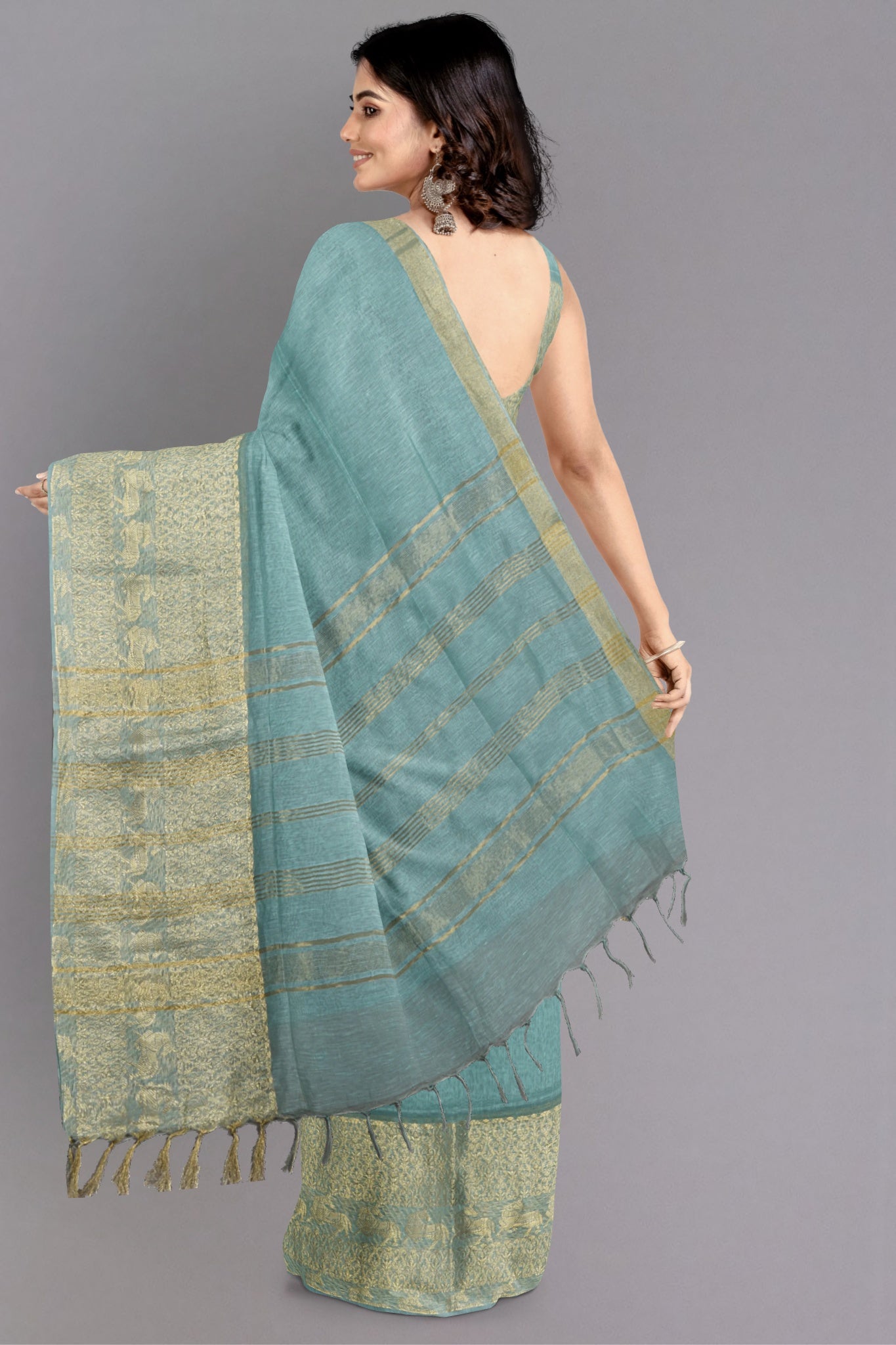 Vatsya Pure Handwoven Tissue Silk Saree in Turquoise Colour with Gold Zari Border - Indian Handloomz