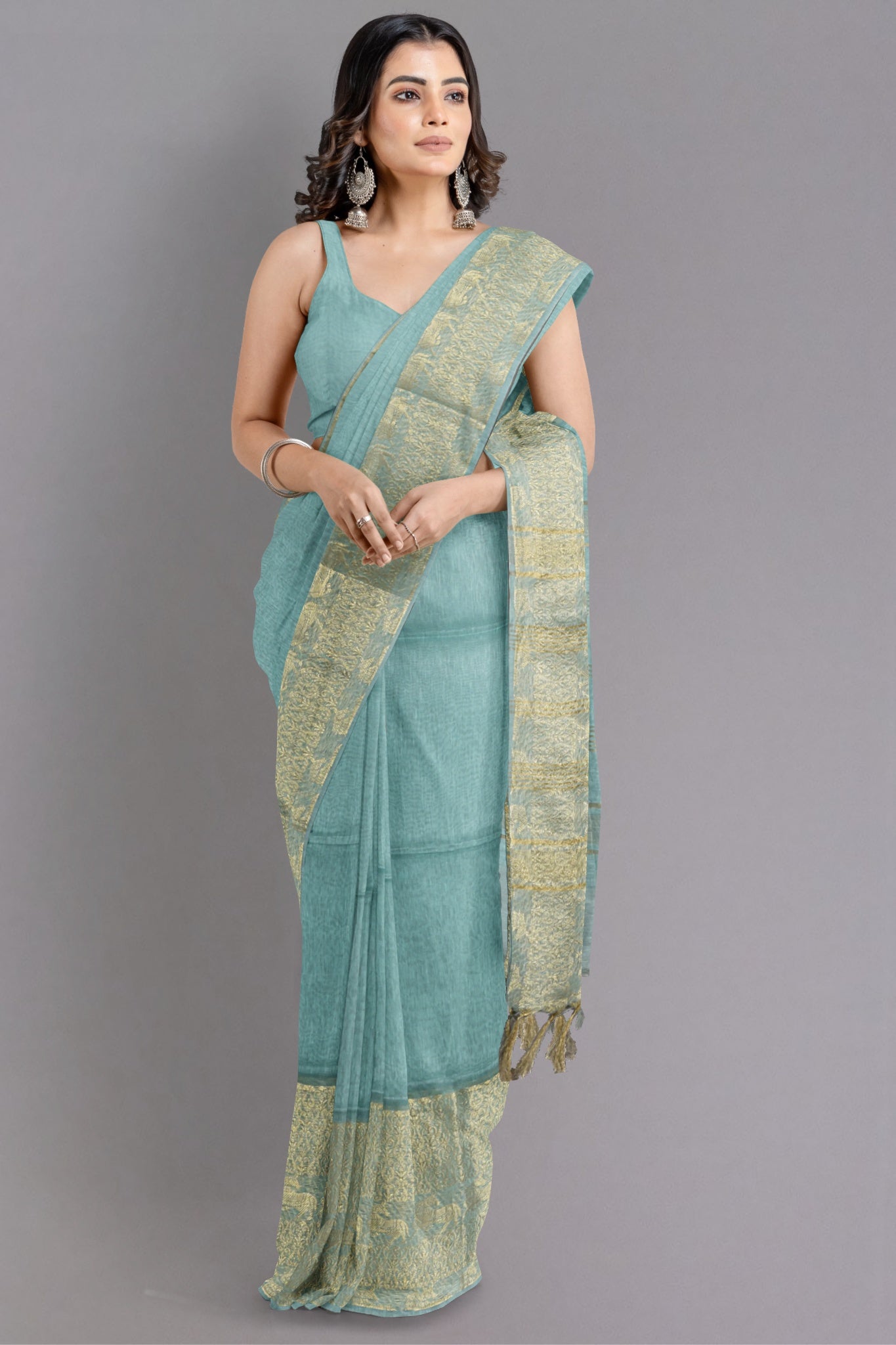 Vatsya Pure Handwoven Tissue Silk Saree in Turquoise Colour with Gold Zari Border - Indian Handloomz