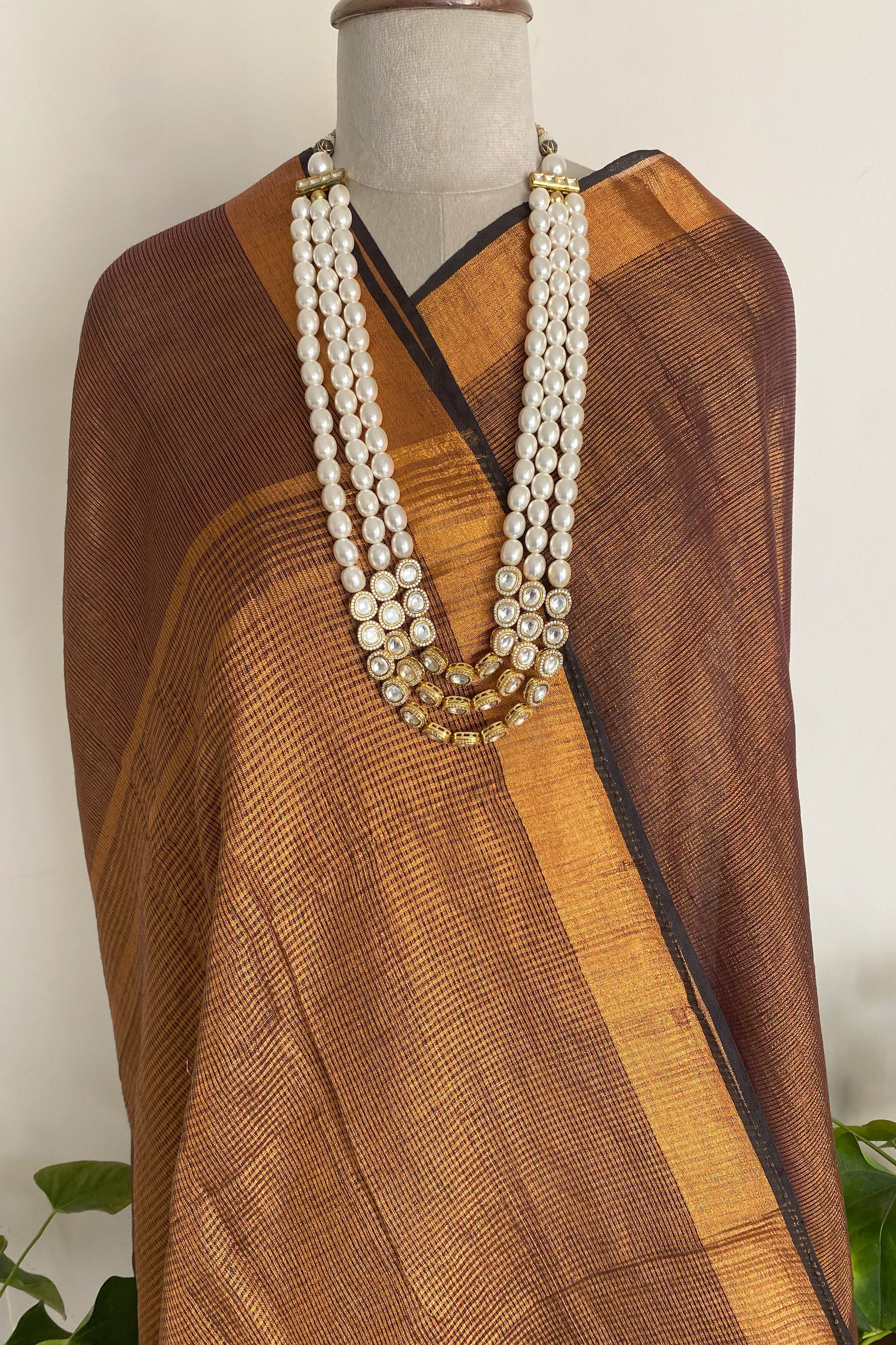 Tissue Linen Saree in Copper Brown - Indian Handloomz