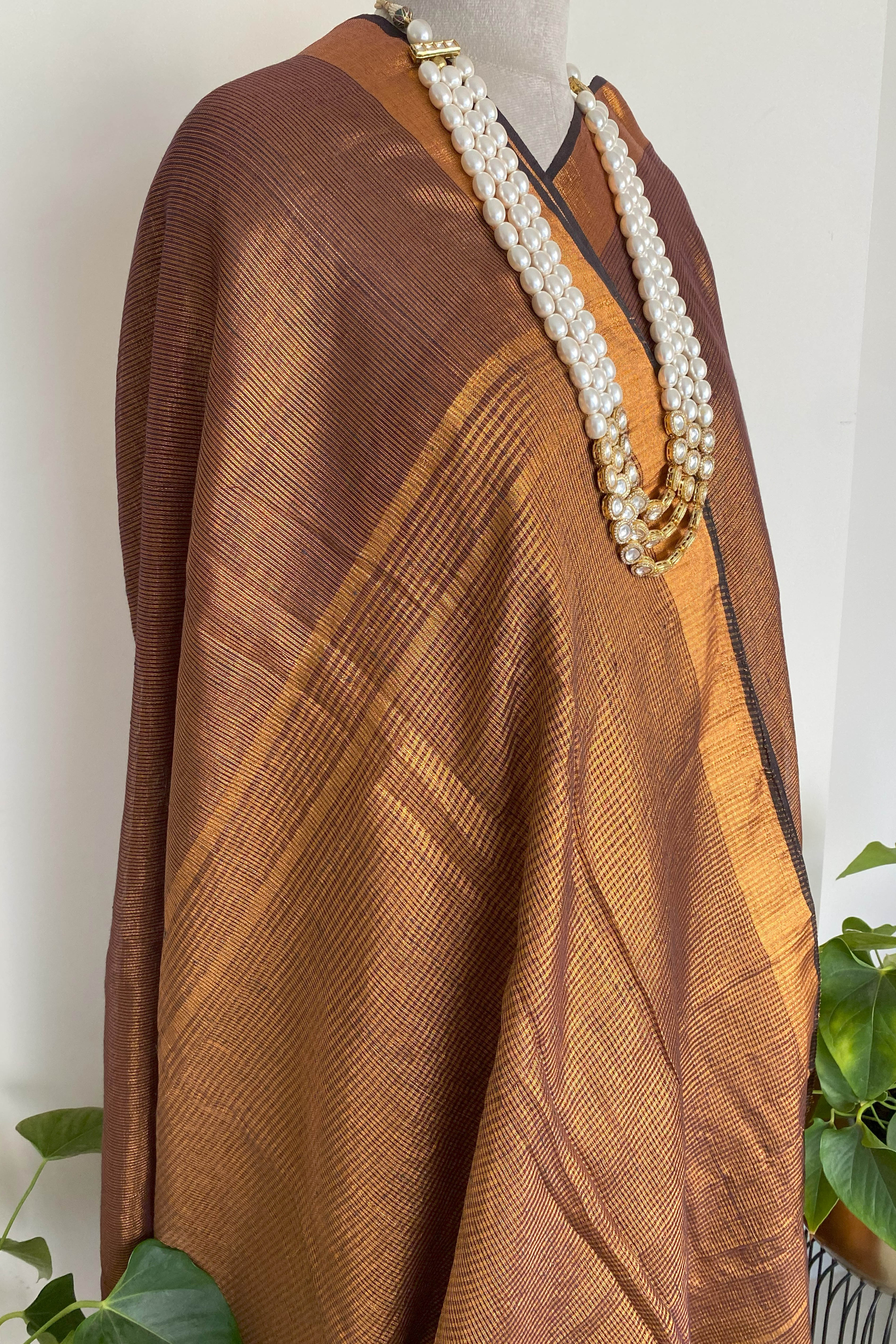 Tissue Linen Saree in Copper Brown - Indian Handloomz