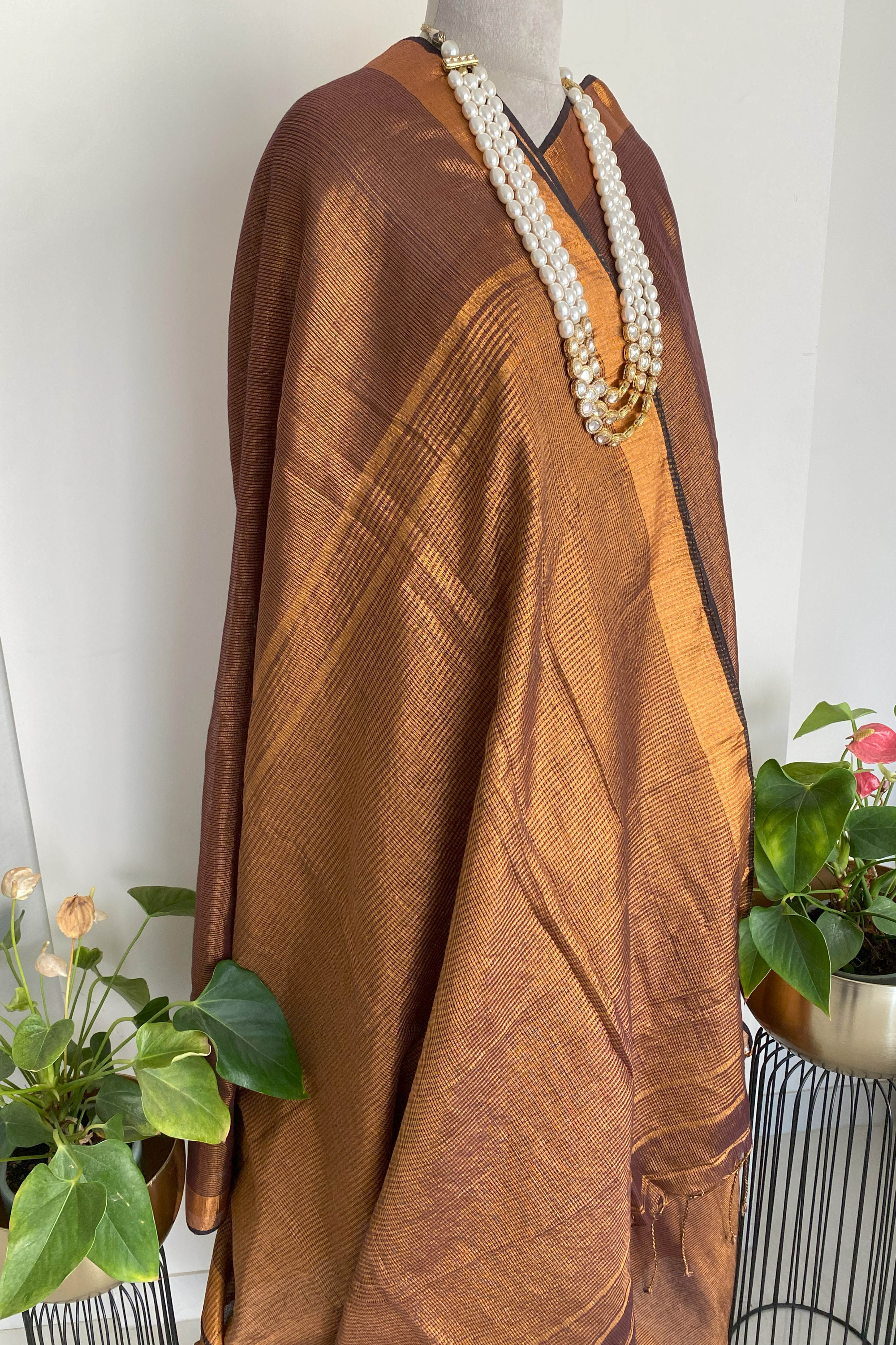 Tissue Linen Saree in Copper Brown - Indian Handloomz