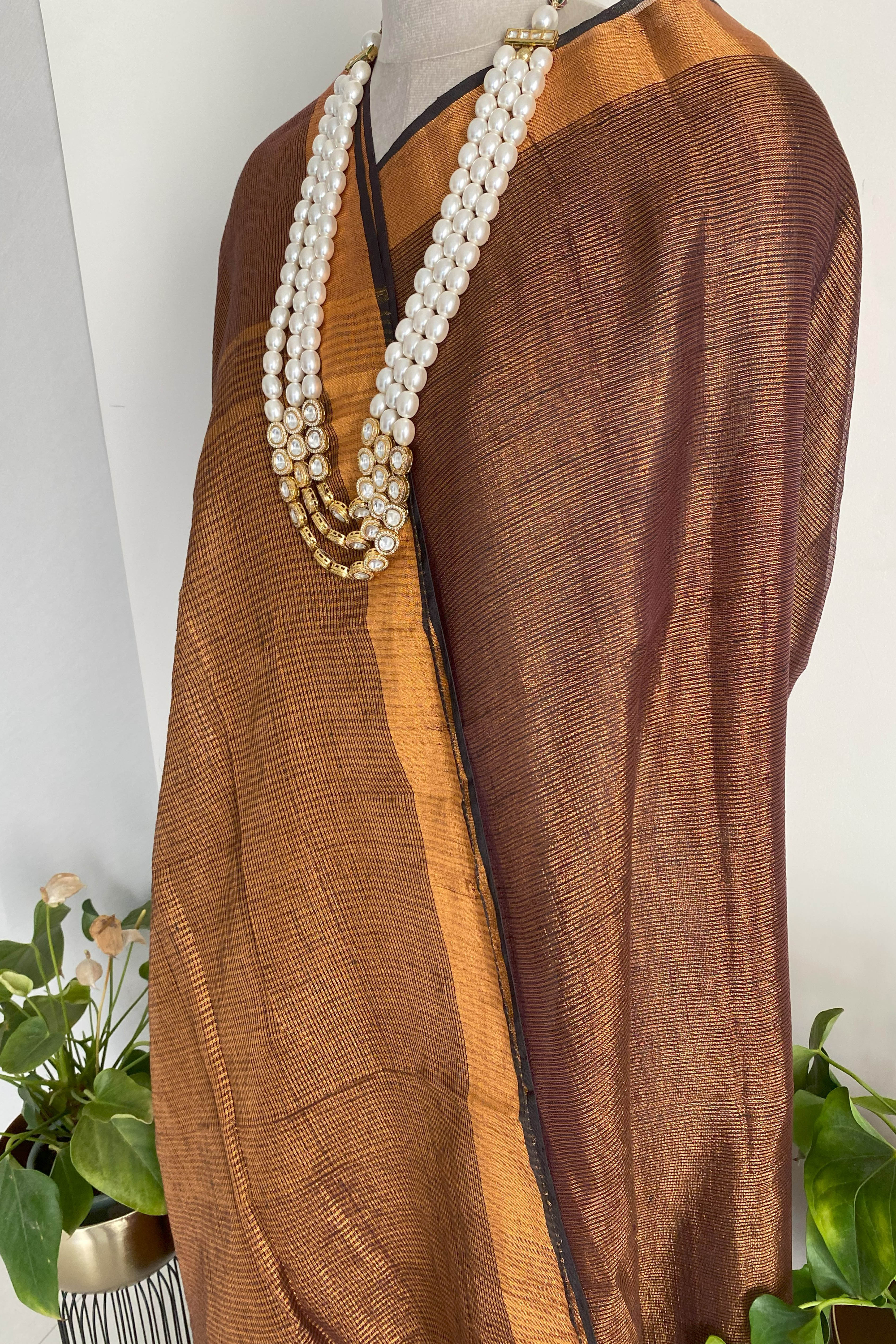 Tissue Linen Saree in Copper Brown - Indian Handloomz