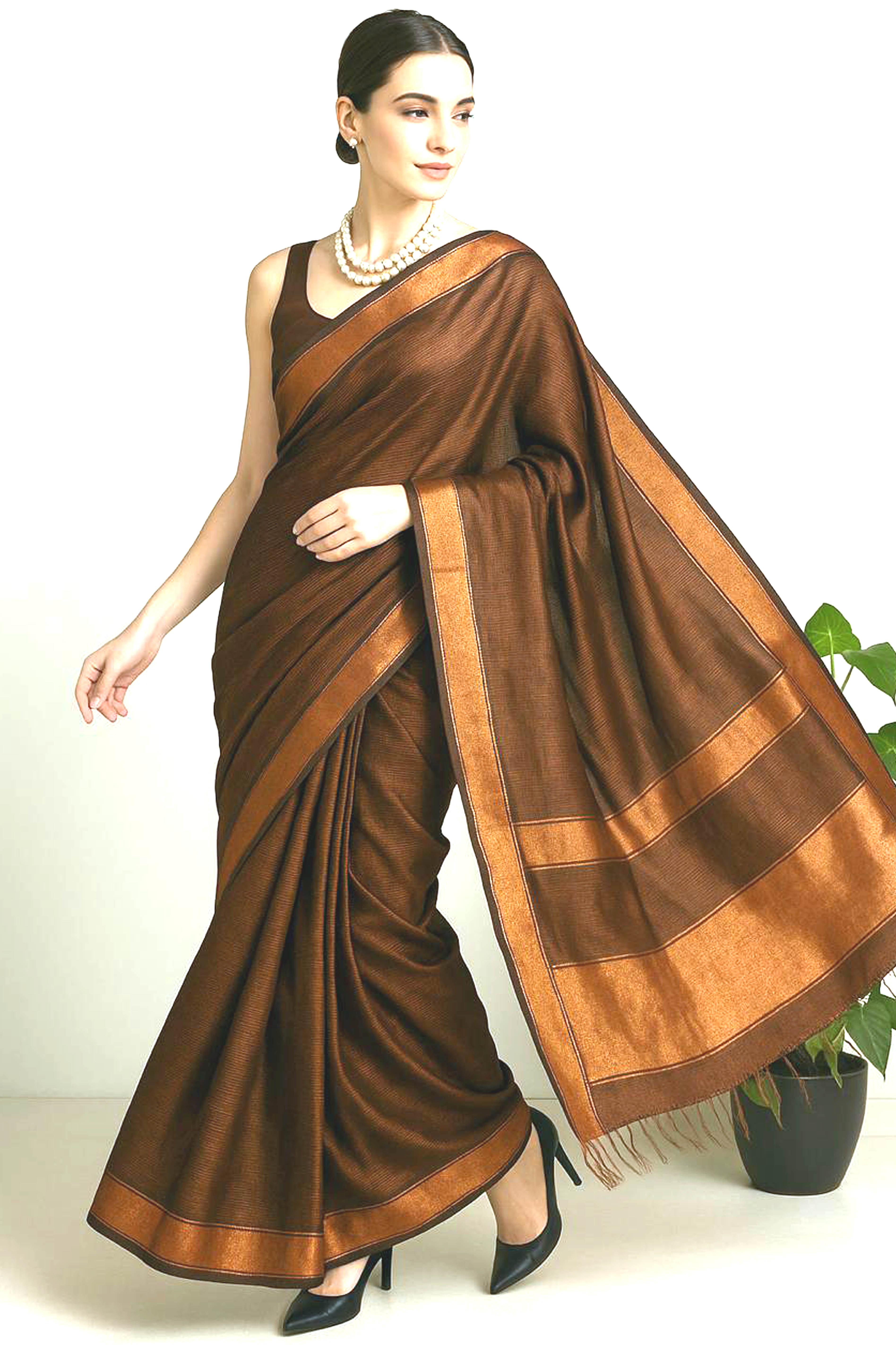 Tissue Linen Saree in Copper Brown - Indian Handloomz
