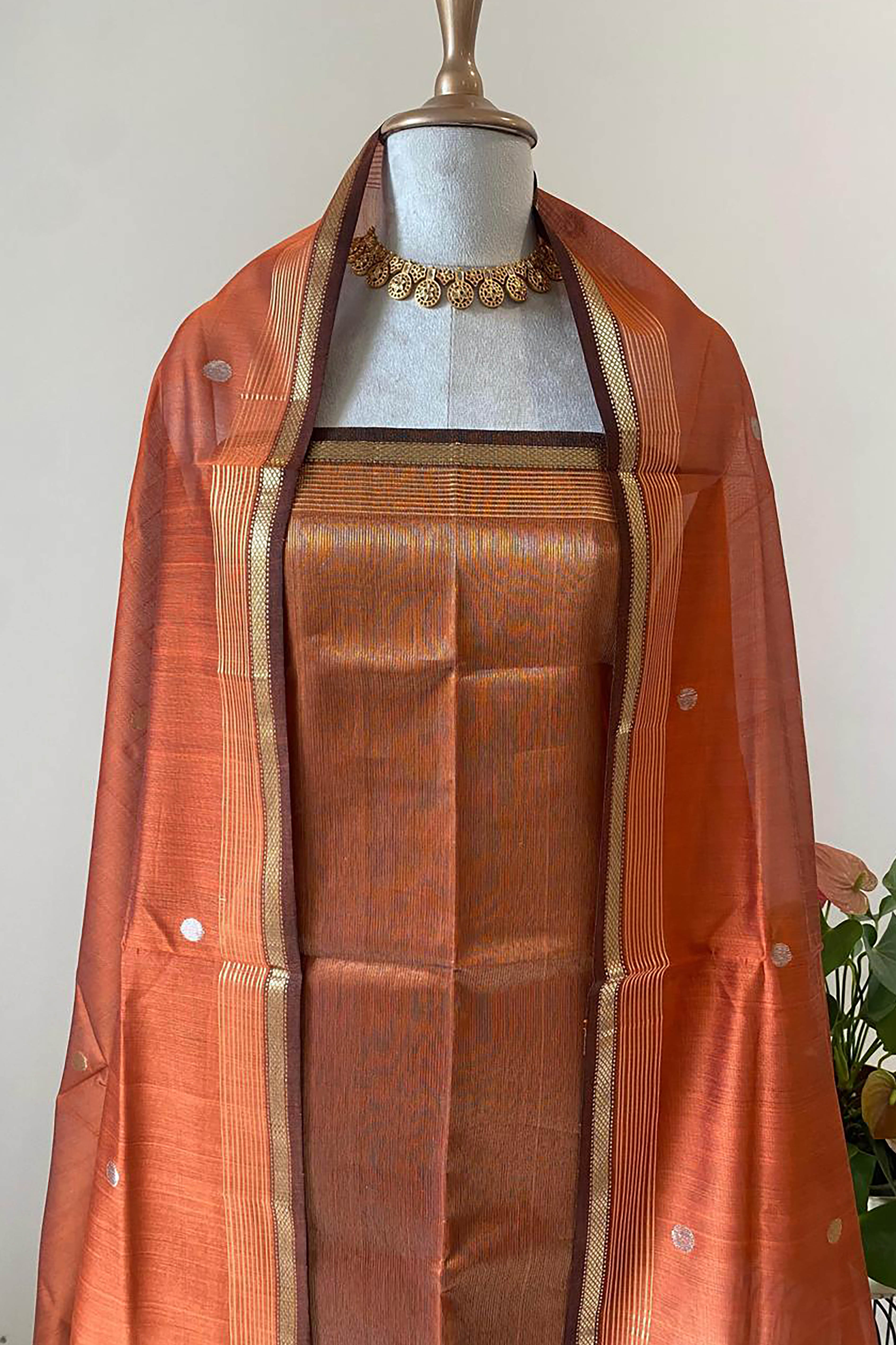 Sreyasi Rust Colour Tissue Cotton Silk Maheshwari Unstitched Suit Set - Indian Handloomz